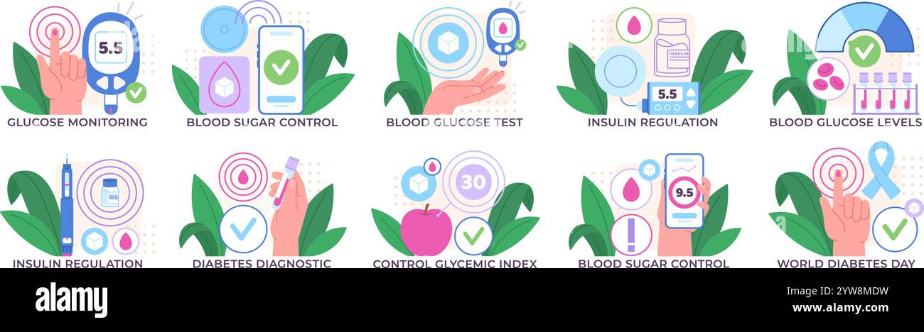 Diabeteskontrolle. Healthcare-Banner, Medizin-Ikonen mit Glucose- und Zucker-Kontrolle-Tools, Glucometer, Blutteststreifen. Die ärztliche Diabetikerracy Stock Vektor