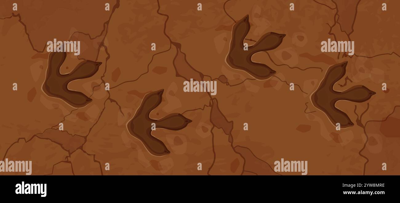 Fossilienfußabdrücke des prähistorischen Dinosauriers Vektor-Hintergrund. Fußabdrücke von Dino-Tieren oder ausgestorbene Reptilienpfoten aus braunem Stein. Tyrannosaurus-Dinosaurier-Fossilienspuren, archäologische Themen Stock Vektor