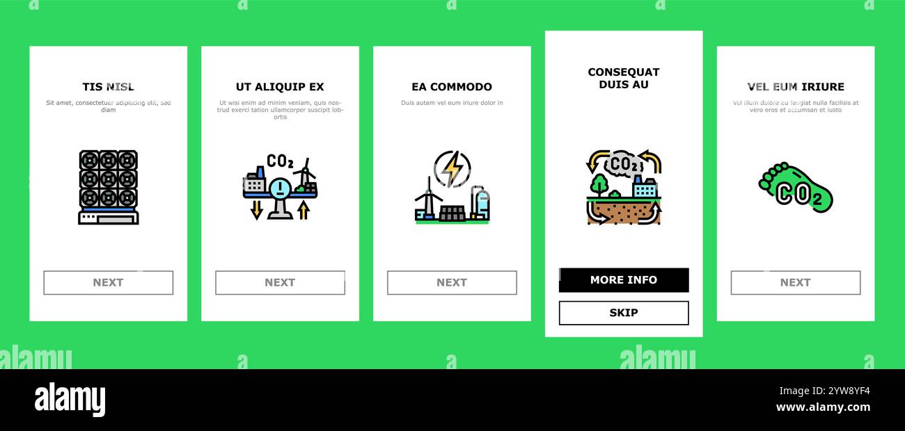 co2-Abscheidung co2-Speicherung Onboarding-Symbole Vektor festlegen Stock Vektor