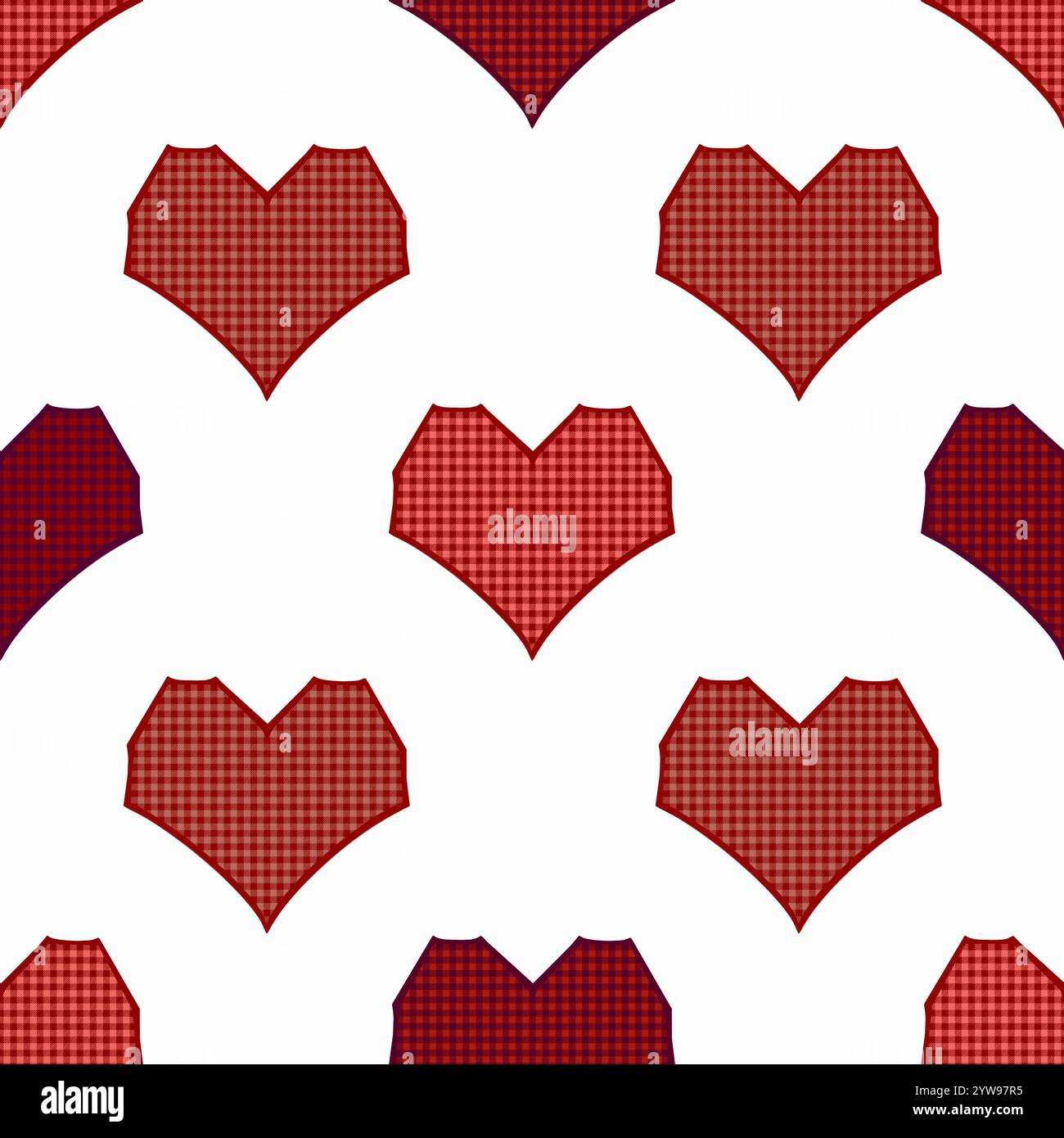 Nahtlos wiederholtes kariertes rotes Herzmuster auf weißem Hintergrund. Stockfoto