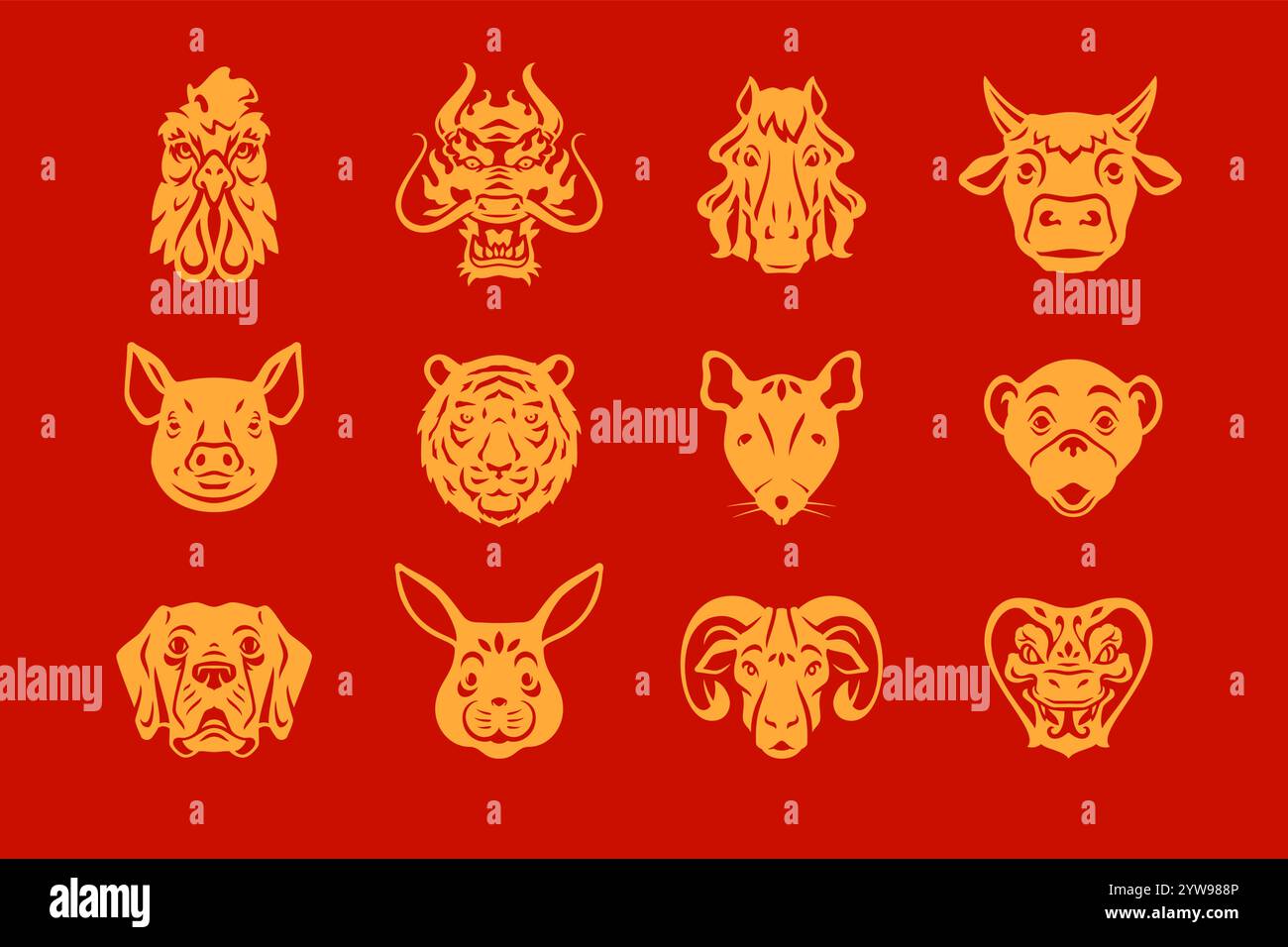Asiatische Horoskop Tiere Mündung goldene monochrome Icon Satz Vektor flache Illustration. Chinesische Neujahrsfiguren Kopfporträt Asiatische Astrologie Sternzeichen c Stock Vektor