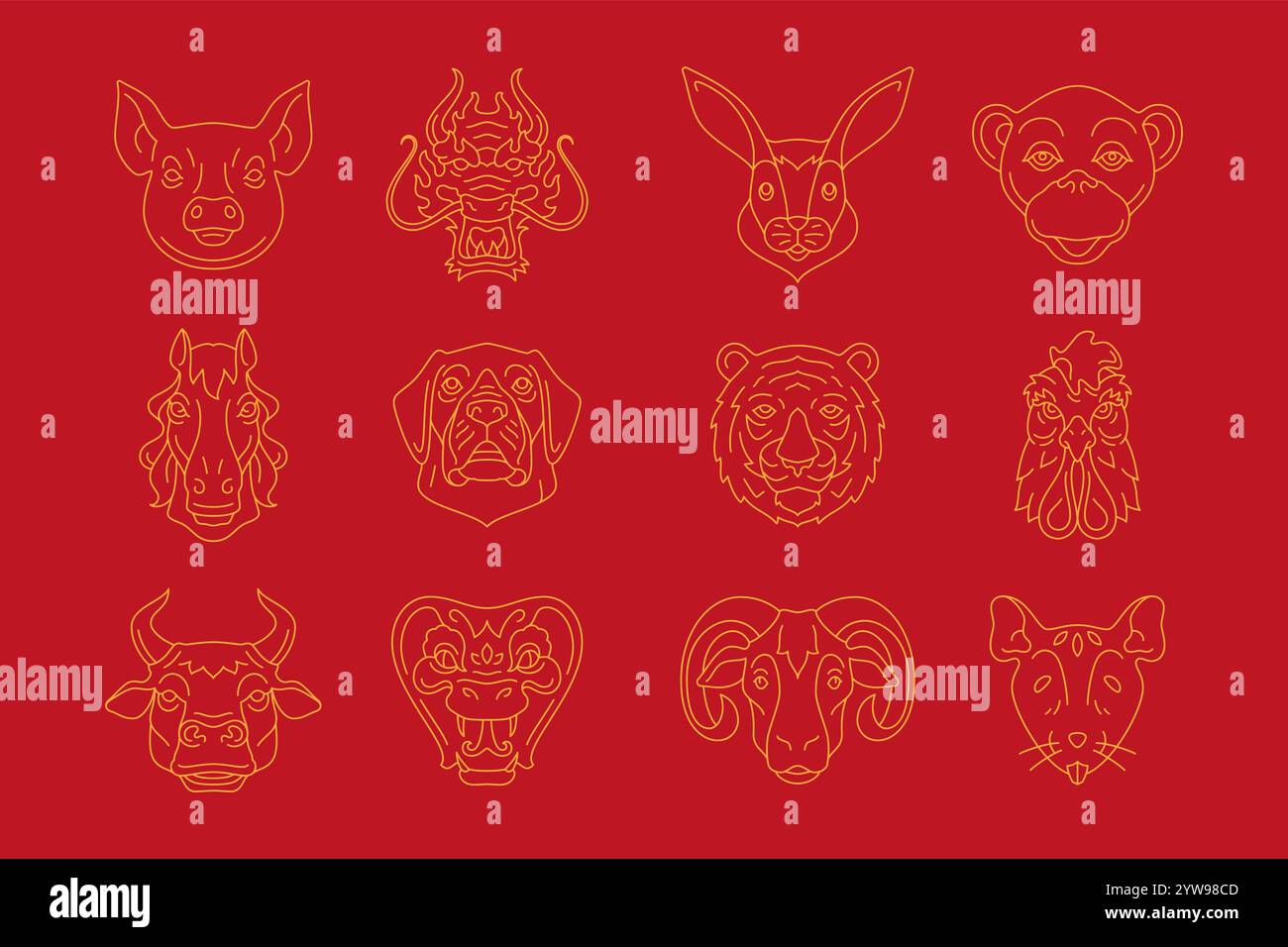 Chinesische Neujahrszeichen Kopf Wohlstand monochrome Linie Icon Satz Vektor Illustration. Asiatische Horoskop Tiere Maul Pferd Hund Drache Tiger rooste Stock Vektor