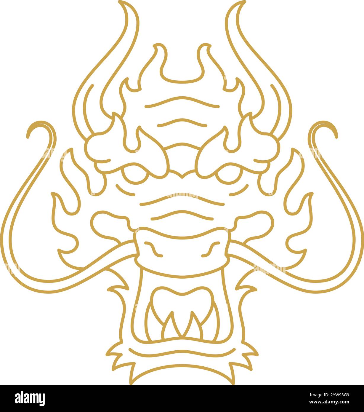 Drachenmündung mit Hörnern und Schnurrbart monochrome Linie Symbol Vektor Illustration. Dinosaurier antike Monster Kopf Porträt Feenschwanz gefährlich aggressiv Stock Vektor