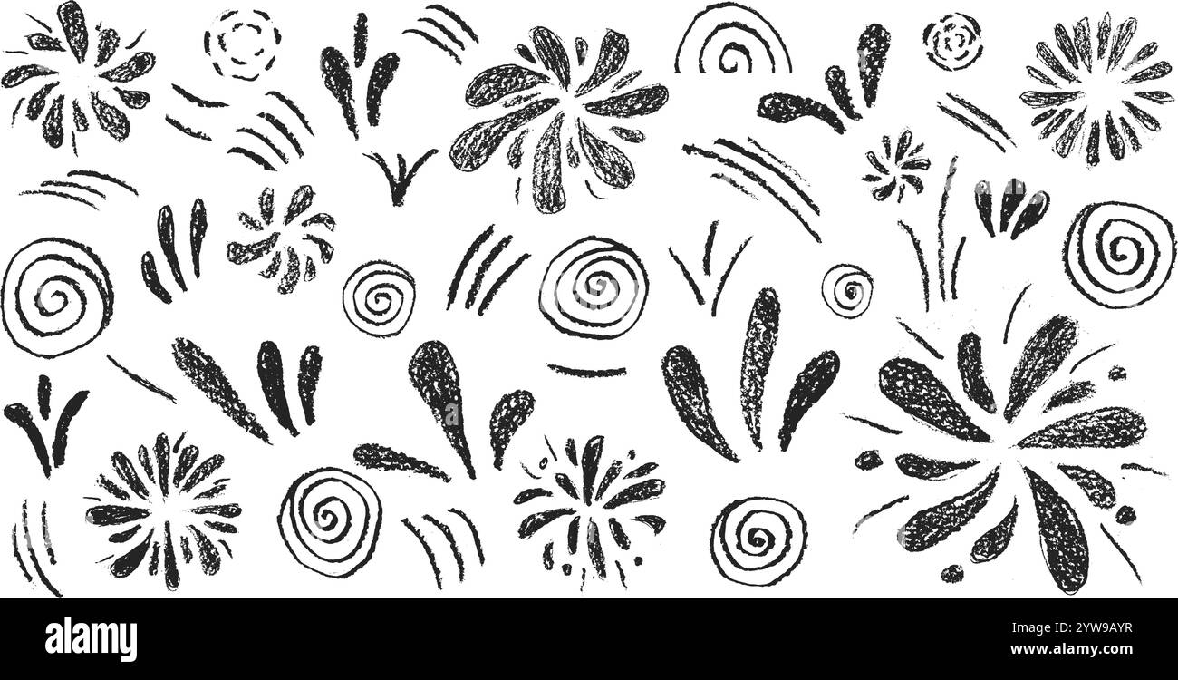 Buntstift Feuerwerk Set. Party-Feuerwerkskörper und Spritzer kritzeln isoliert auf weißem Hintergrund. Karnevalsdekoration. Schwarze Schwarzweiß-Feiertagselemente Stock Vektor