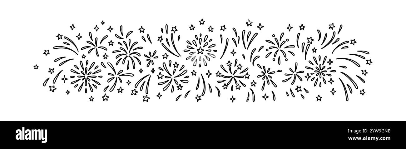 Hintergrund für Doodle-Feuerwerk. Frohe Silvesterabend und frohe Weihnachten festliche Hand gezeichnete Vektormuster. Feuerwerkskörper-Raketenexplosion am Himmel Stock Vektor