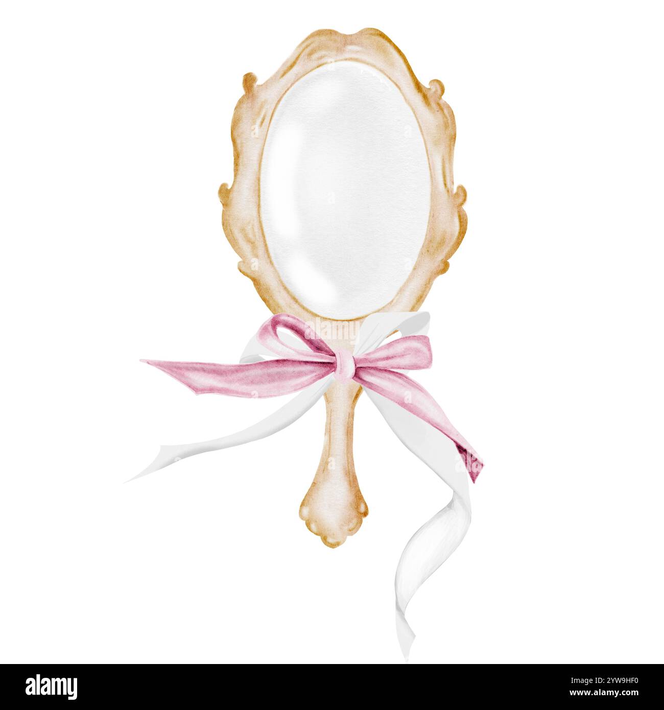 Spiegeln Sie Aquarell mit einer Schleife. Handgezeichneter Vintage-Spiegel mit Griff. Clip-Art von Schönheitsaccessoires. Perfekt für Poster, Karten und Aufkleber. Stockfoto