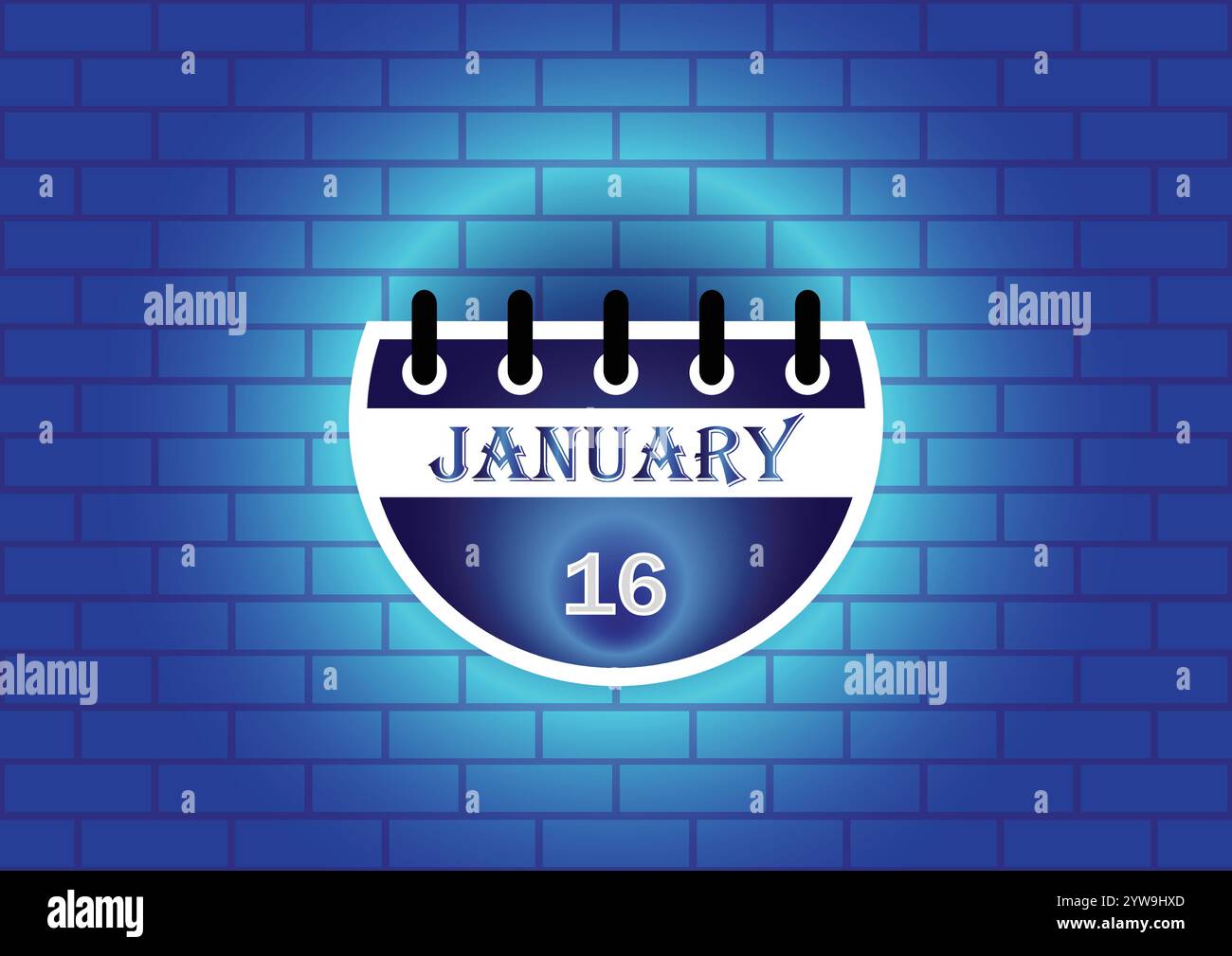 Kalenderschild vom 16. Januar auf blauem neonfarbenen Ziegelmauerhintergrund. Flaches Design. Datum, Tag und Monat. Vektorabbildung. Stock Vektor