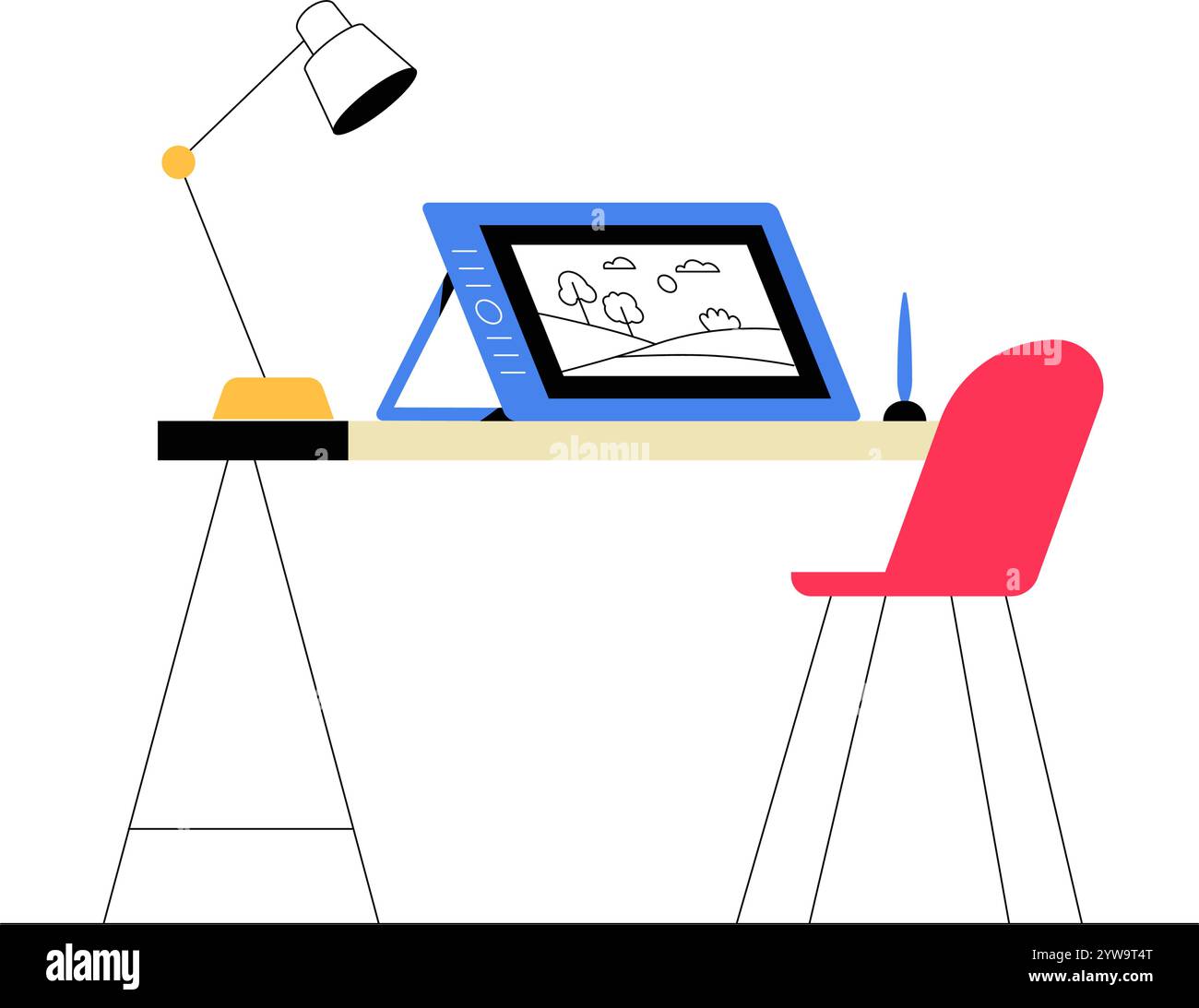 Digital Art Desk Mit Lampe Und Zeichentablett In Flacher Vektor-Illustration, Die Kreativität, Kunstdesign Und Arbeitsbereich Symbolisiert, Isoliert Auf Weiß Stock Vektor