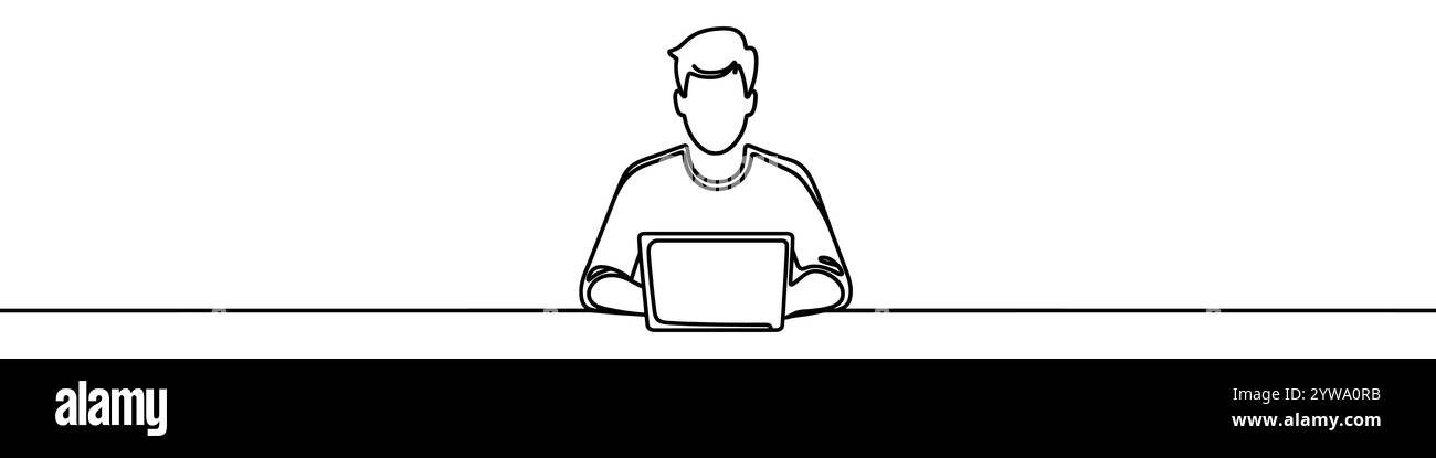 Minimalistische Vektor-Illustration einer Person, die einen Laptop benutzt, erstellt mit einer durchgehenden Linie Stock Vektor