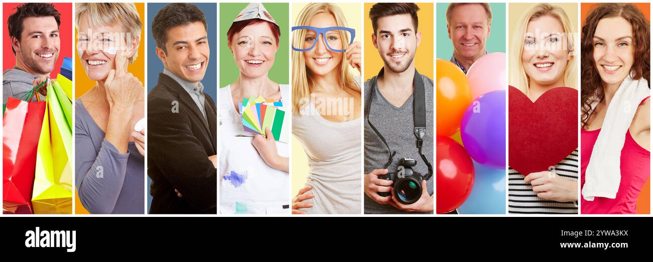 Porträt vieler erwachsener Menschen in ihren verschiedenen Hobbys und Freizeitaktivitäten Stockfoto