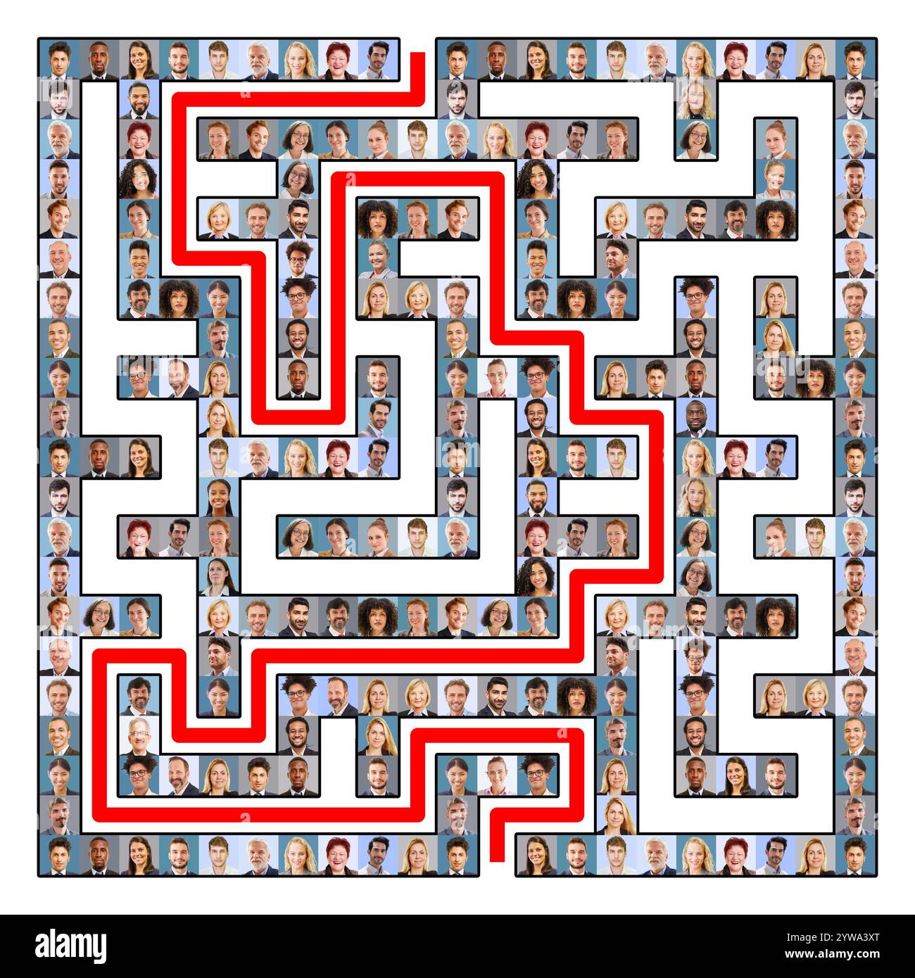 Quadratische Collage von Porträts von Geschäftsleuten als Labyrinth mit Lösung Stockfoto