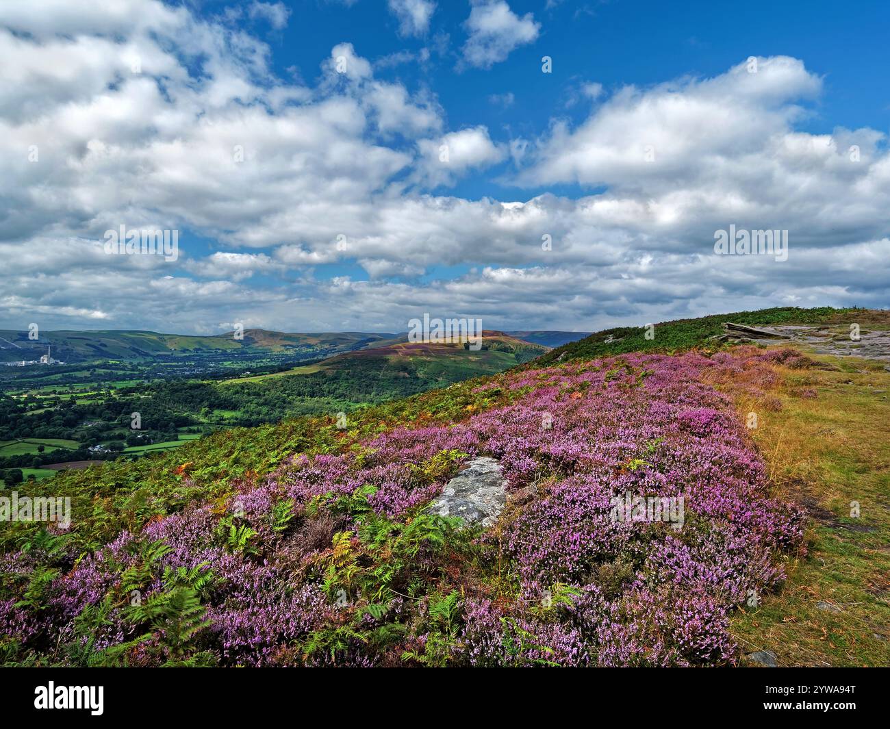 Großbritannien, Derbyshire, Peak District, Bamford Edge, Blick in Richtung Win Hill und Hope Valley. Stockfoto