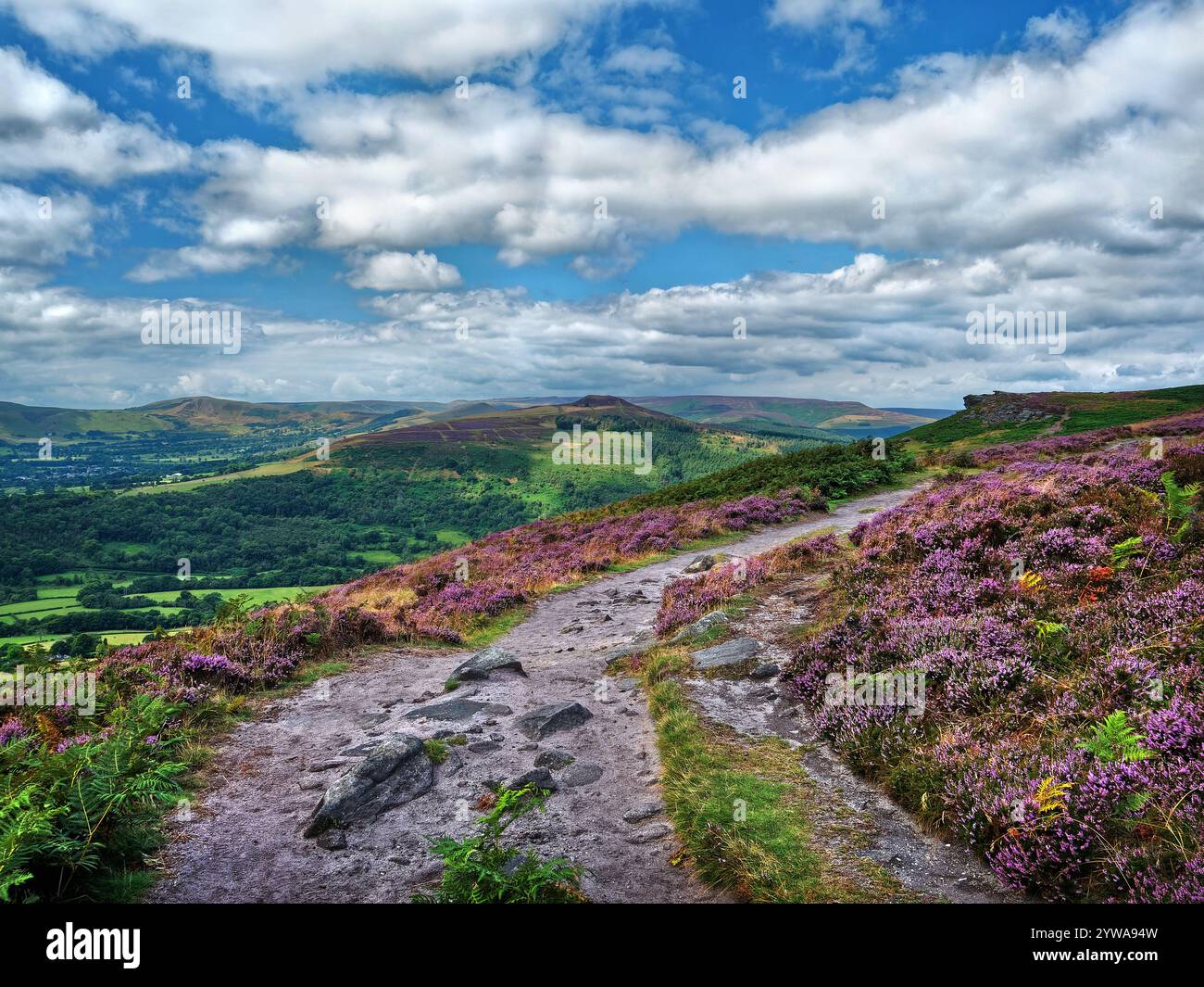Großbritannien, Derbyshire, Peak District, Bamford Edge, Fußweg zum Great Tor mit Blick auf Win Hill. Stockfoto