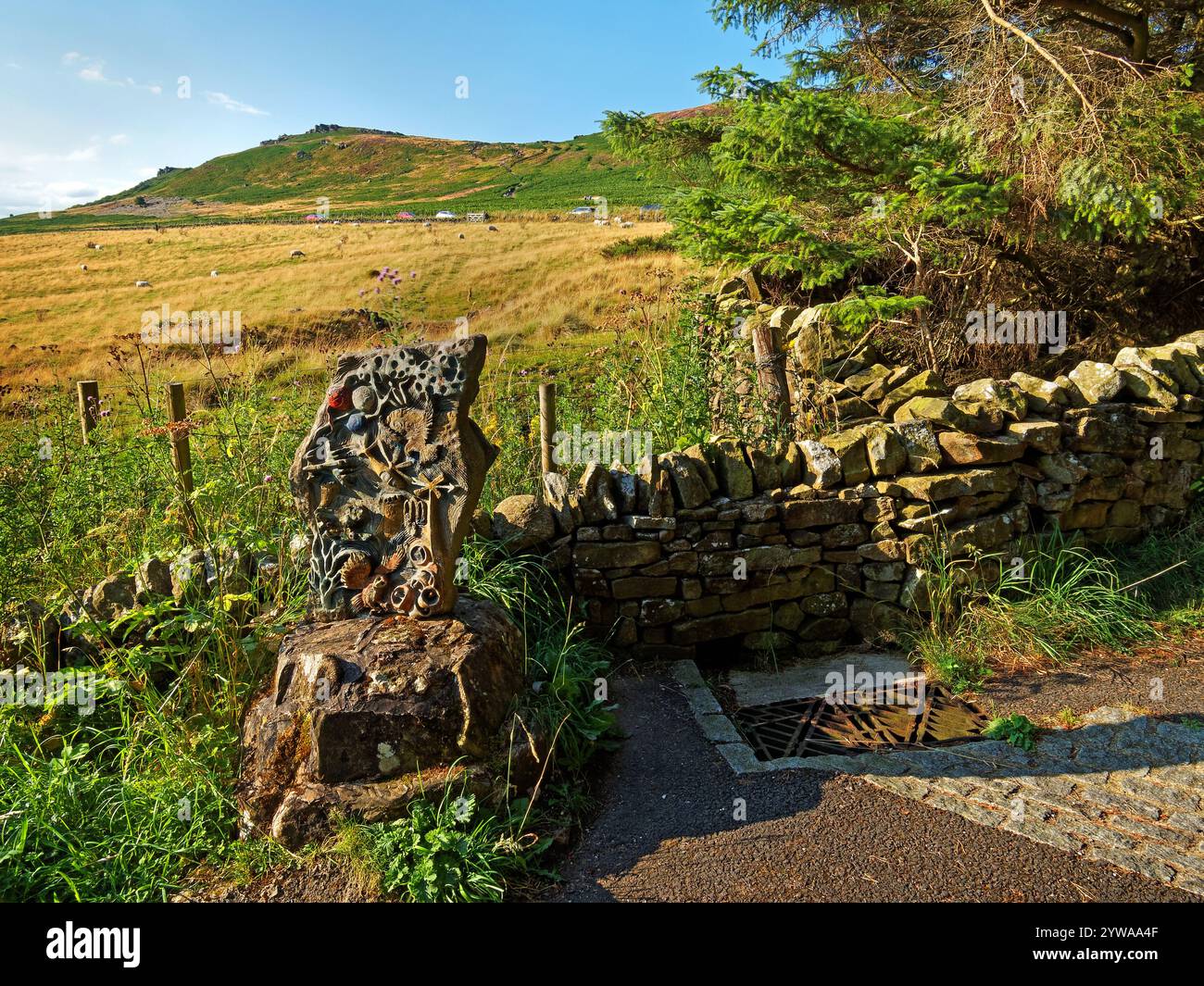 Großbritannien, Derbyshire, Peak District, Blick auf Bamford Edge von der Leeside Road. Stockfoto