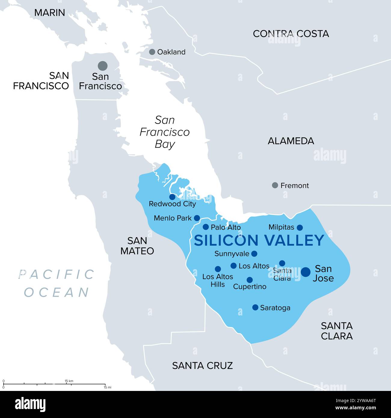 Silicon Valley, eine Region Nordkaliforniens in den Vereinigten Staaten, politische Karte. Globales Zentrum für Hochtechnologie und Innovation. Stockfoto