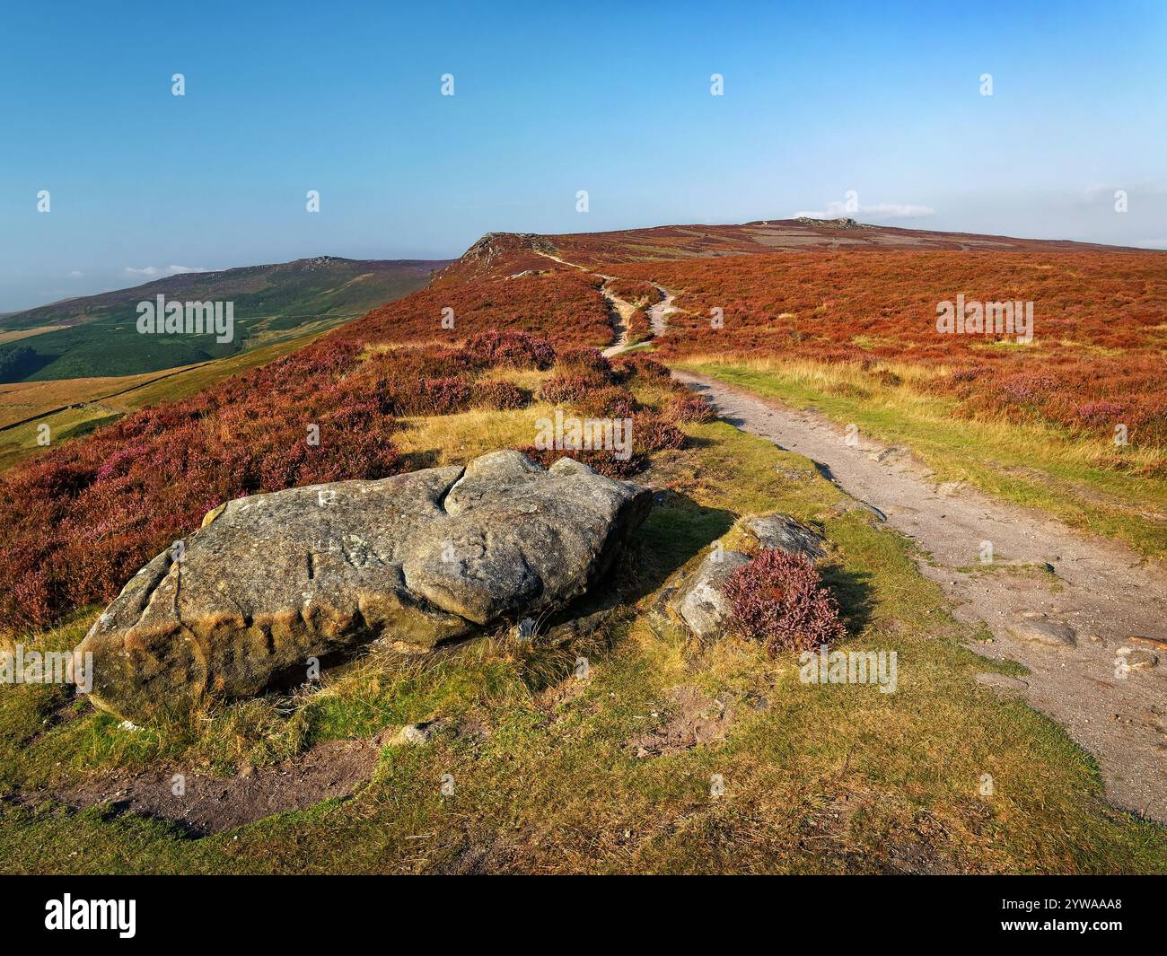 Großbritannien, Derbyshire, Peak District, Derwent Edge, Fußweg zum Whinstone Lee Tor. Stockfoto