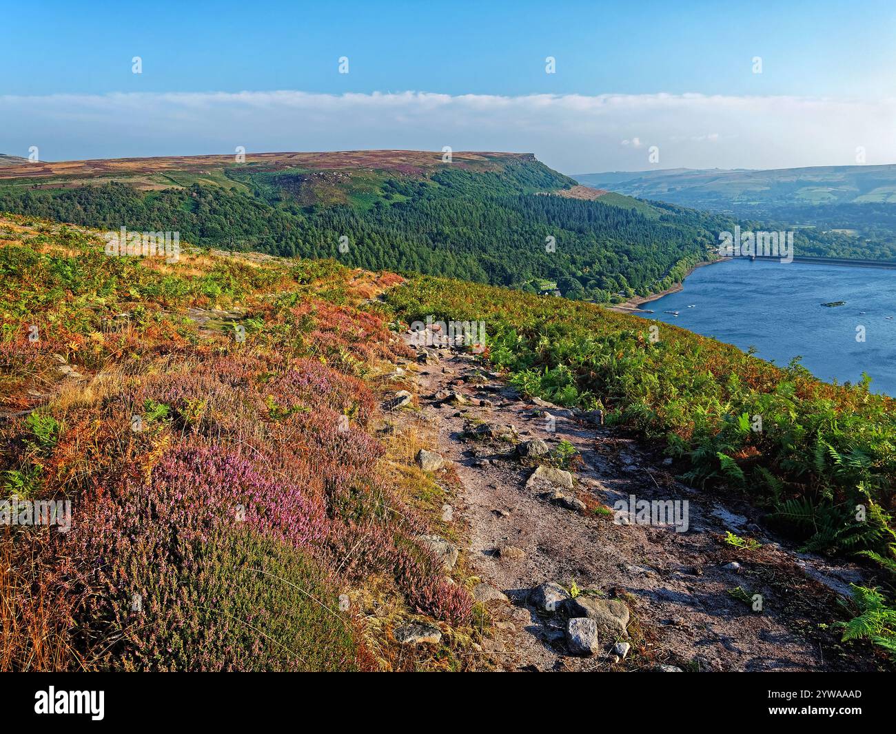 Großbritannien, Derbyshire, Peak District, Ladybower Reservoir und Bamford Edge ab Ladybower Tor. Stockfoto
