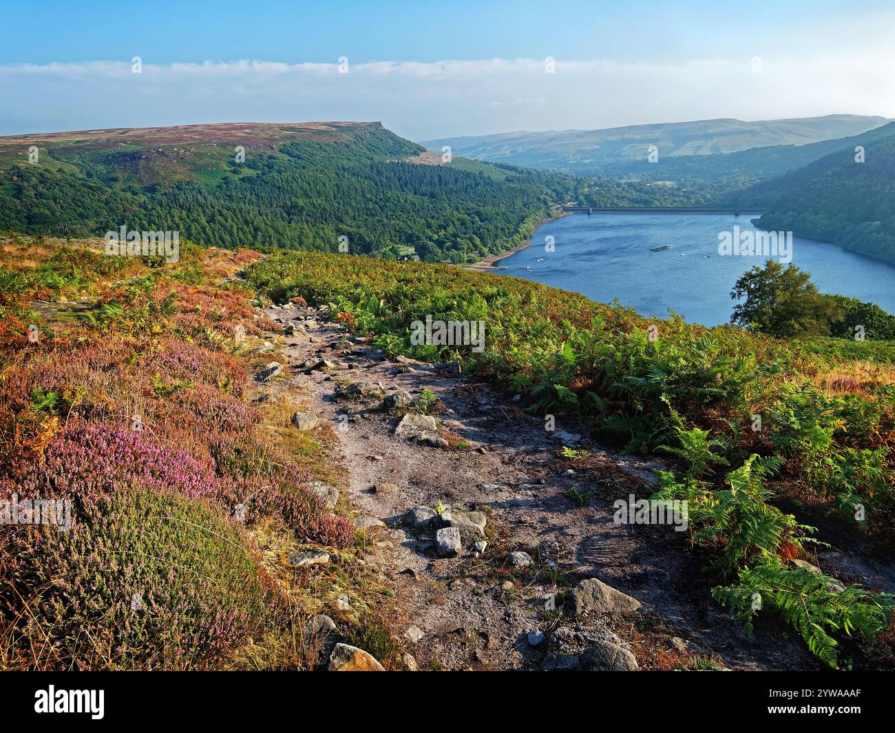 Großbritannien, Derbyshire, Peak District, Ladybower Reservoir und Bamford Edge ab Ladybower Tor. Stockfoto
