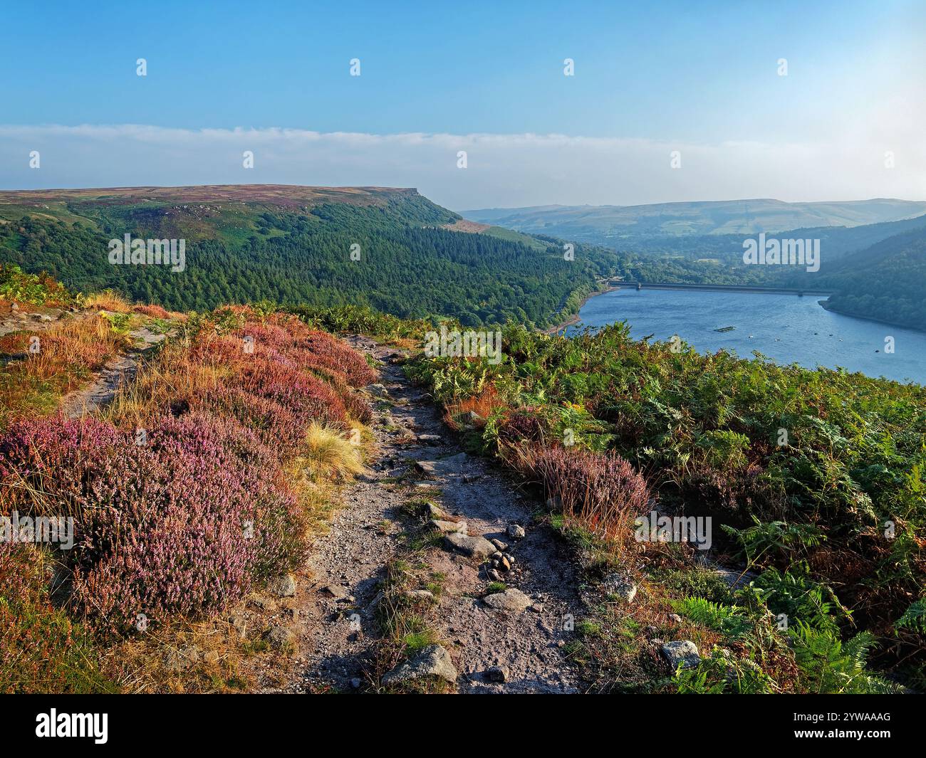 Großbritannien, Derbyshire, Peak District, Ladybower Reservoir und Bamford Edge ab Ladybower Tor. Stockfoto