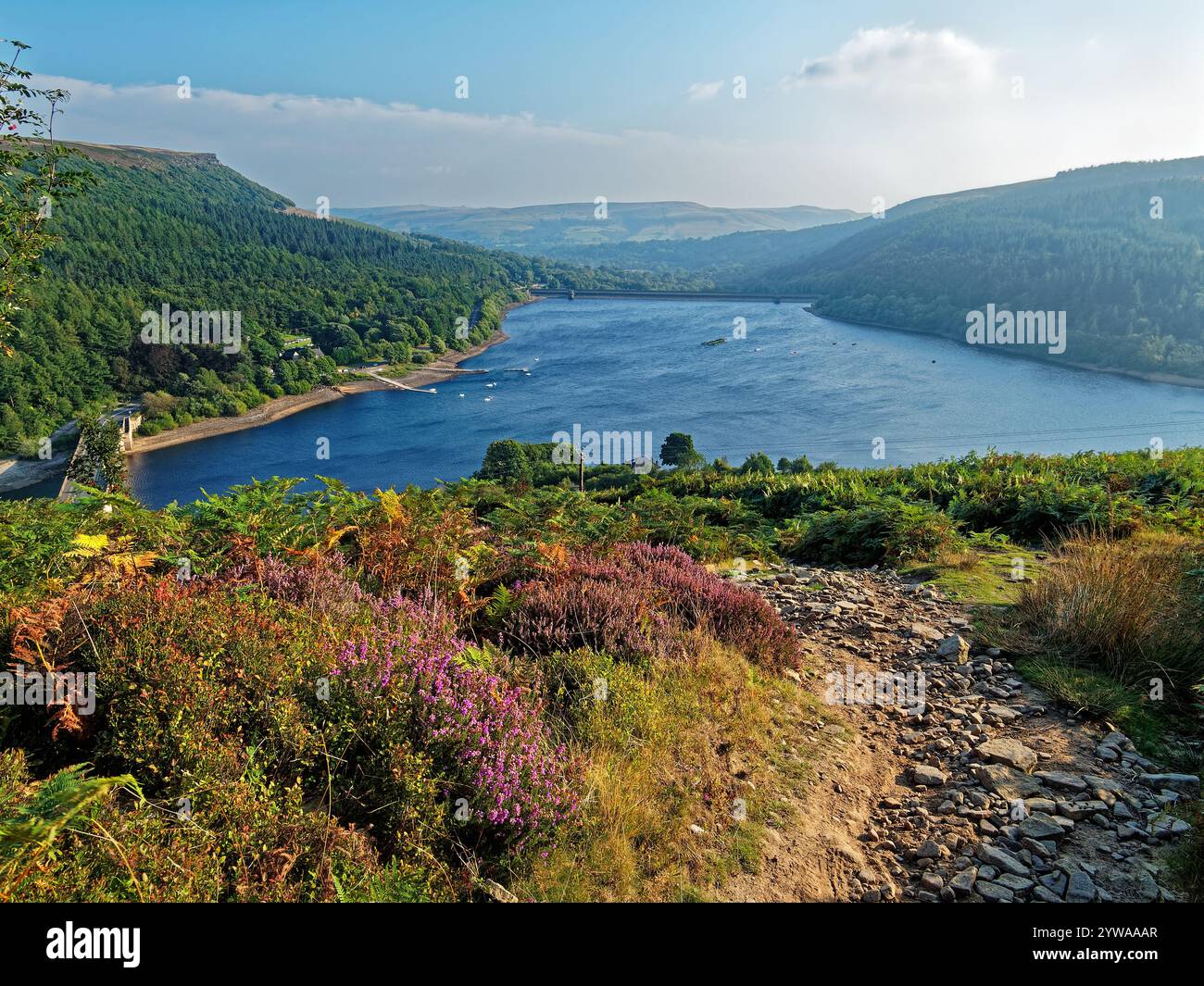 Großbritannien, Derbyshire, Peak District, Ladybower Reservoir und Bamford Edge ab Ladybower Tor. Stockfoto