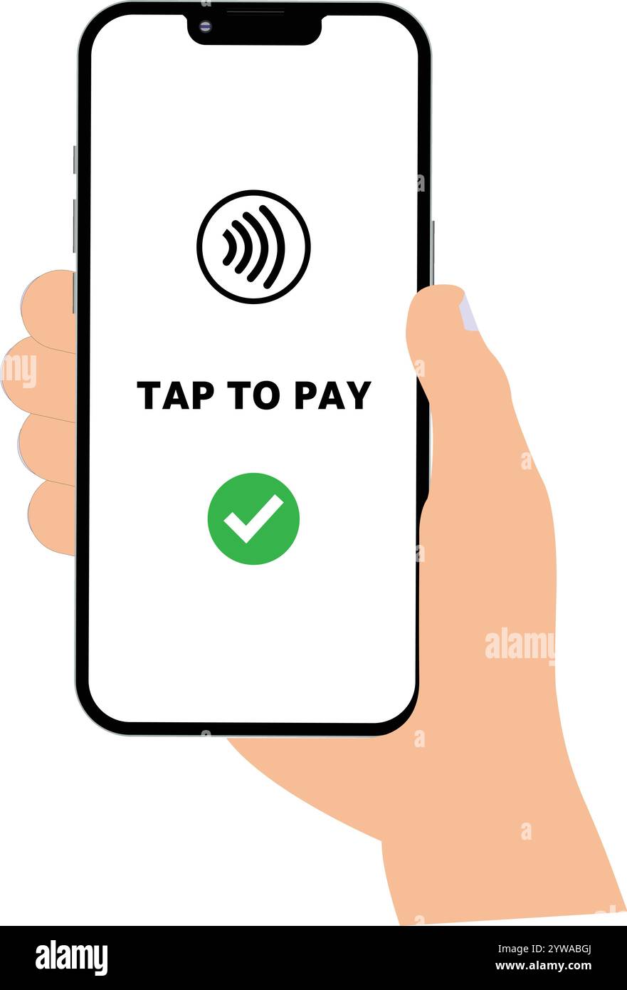 Tippen Sie auf, um in Mobile zu bezahlen, Symbol für NFC-Zahlung, kontaktloses Bezahlen, Telefon drahtloses Bezahlen, NFC-Technologie in Mobile, Symbol für Kartenzahlung, Smartphone-Zahlung Stock Vektor