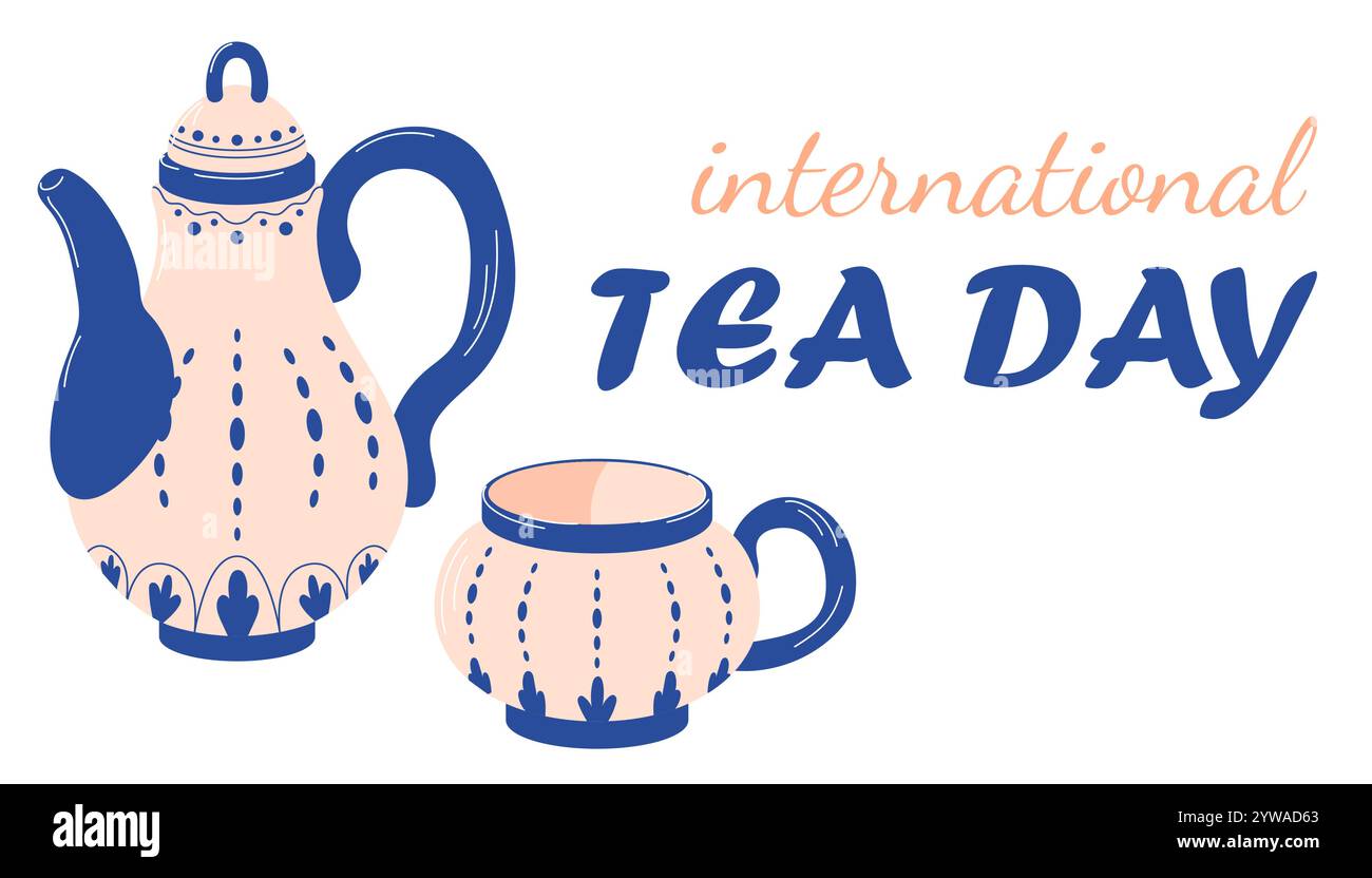 Banner zum internationalen Teetag mit Vintage-Teekanne und Teetasse in flachem Stil. Perfekt für Weihnachtsgrüße, Teeveranstaltungen, Poster und thematische Dekoration. Stock Vektor