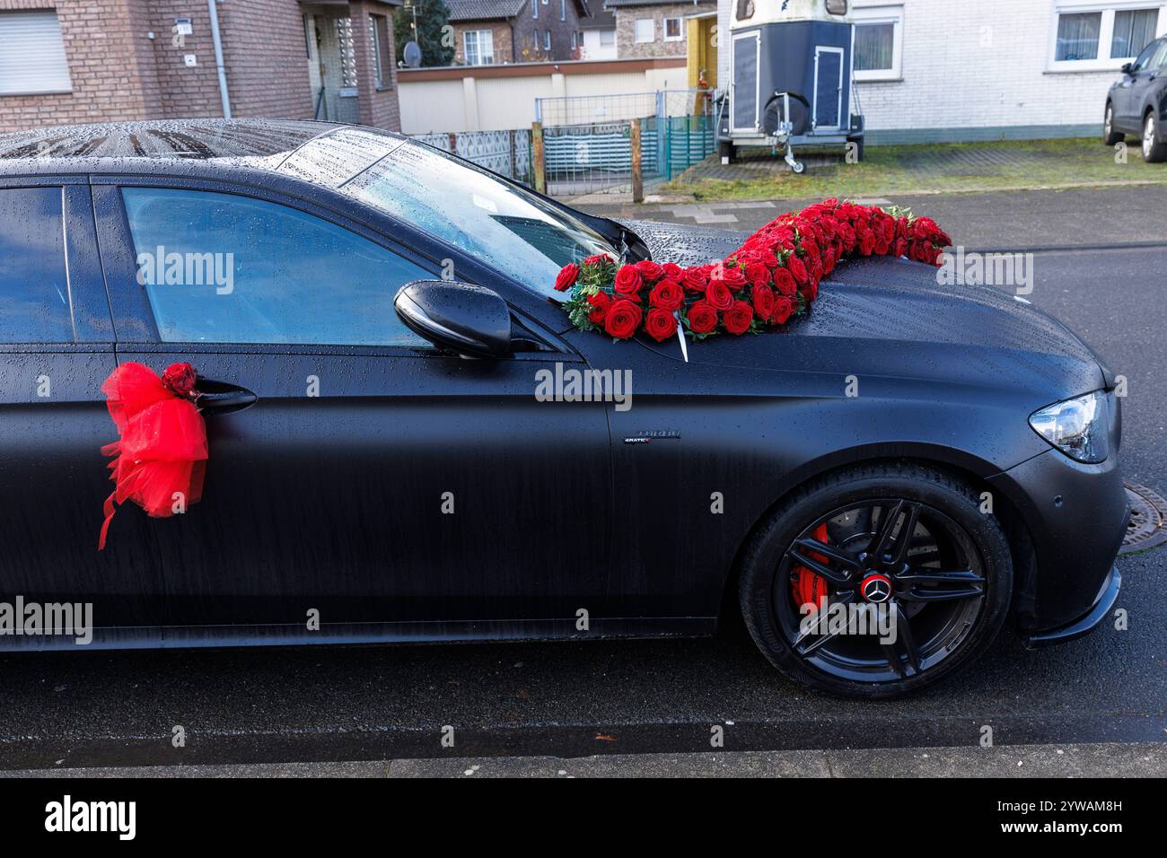 Ein schwarzer Mercedes-Benz mit roten Rosen dekoriert, Hochzeitsauto, Köln, Deutschland. ein schwarzer Mercedes-Benz geschmueckt mit roten Rosen, Hochzeitsauto, Stockfoto