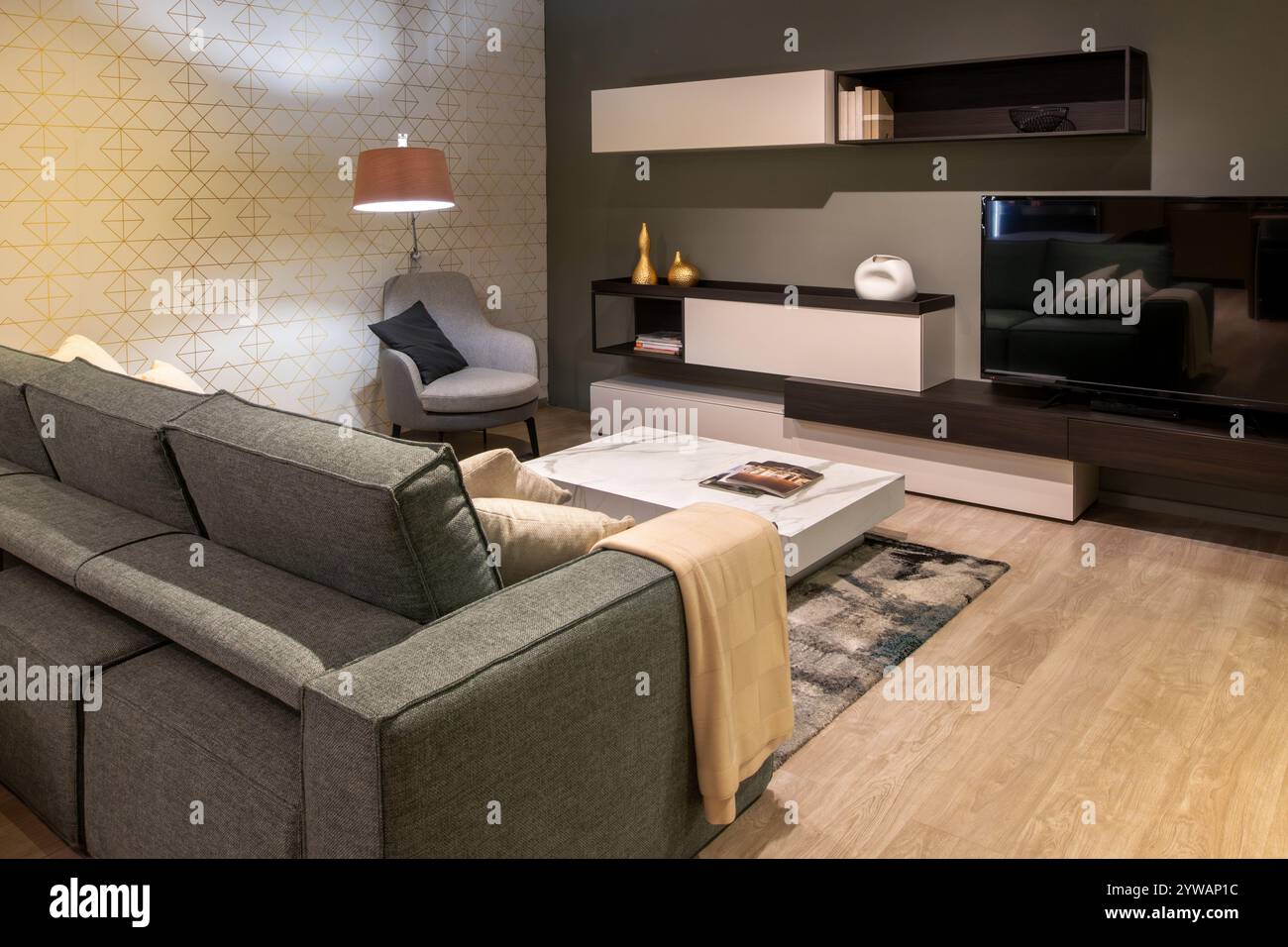 Modernes Wohnzimmer mit komfortablem Sofa, stilvollem Sessel, modernem tv und elegantem Couchtisch, beleuchtet durch eine Stehlampe Stockfoto