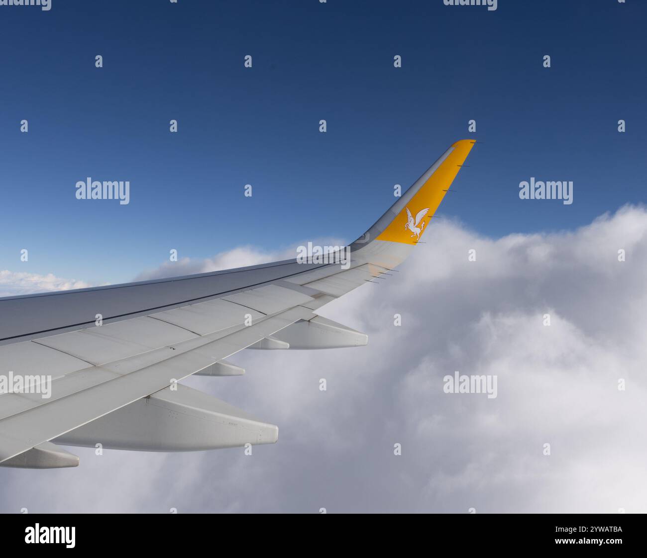 Ein Flugzeugflügel, der während der Landung oder des Starts an einem bewölkten Tag fotografiert wurde und das bewölkte Wetter und die nasse Pistenumgebung zeigt. Stockfoto