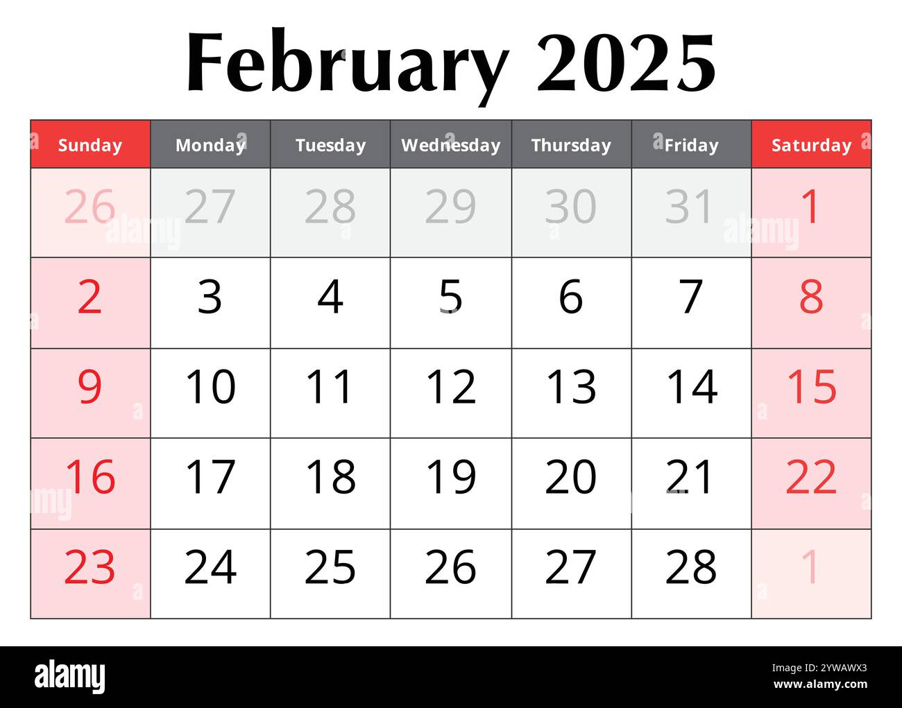 Kalender für Februar 2025. Illustration des Konstruktionsvektors. Englische Seite des Wintermonats Stock Vektor