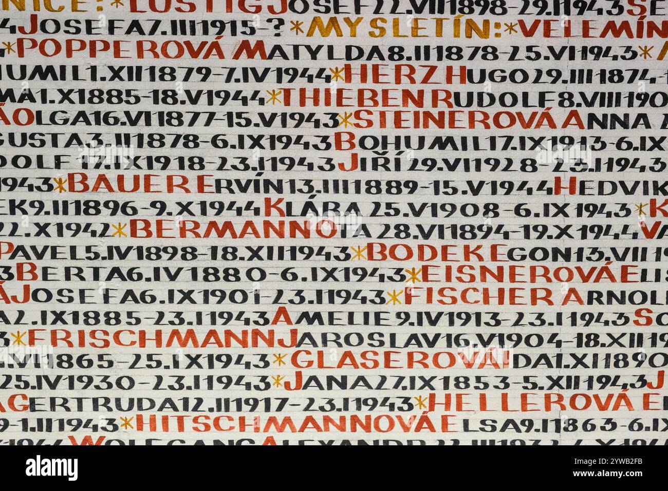 Pinkas-Synagoge, Namen der Opfer, die im Zweiten Weltkrieg von den Nazis in die Gaskammer geschickt wurden Prag, Tschechien. Stockfoto