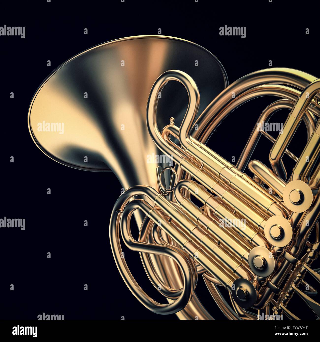 Goldenes französisches Horn dunkler Hintergrund 3D Musikinstrument Stockfoto