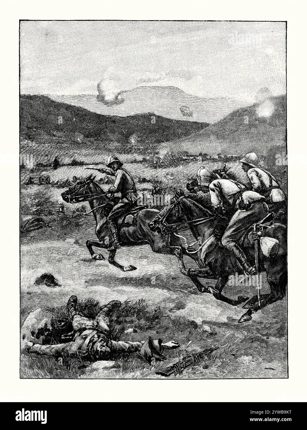 Ein alter Kupferstich britischer Reiter, die während der zweiten Schlacht von Colenso in KwaZulu-Natal, Südafrika, im Jahr 1899 angriffen. Es stammt aus einem viktorianischen Geschichtsbuch aus dem jahr 1900. Es war die dritte und letzte Schlacht, die während der Schwarzen Woche des Zweiten Burenkrieges ausgetragen wurde. Es wurde am 15. Dezember zwischen britischen und burischen Truppen aus der unabhängigen Südafrikanischen Republik und dem Orange Free State in und um Colenso gekämpft. Unzureichende Vorbereitung, mangelnde Aufklärung und schlechte Führung führten zu einer Niederlage der Briten. Stockfoto