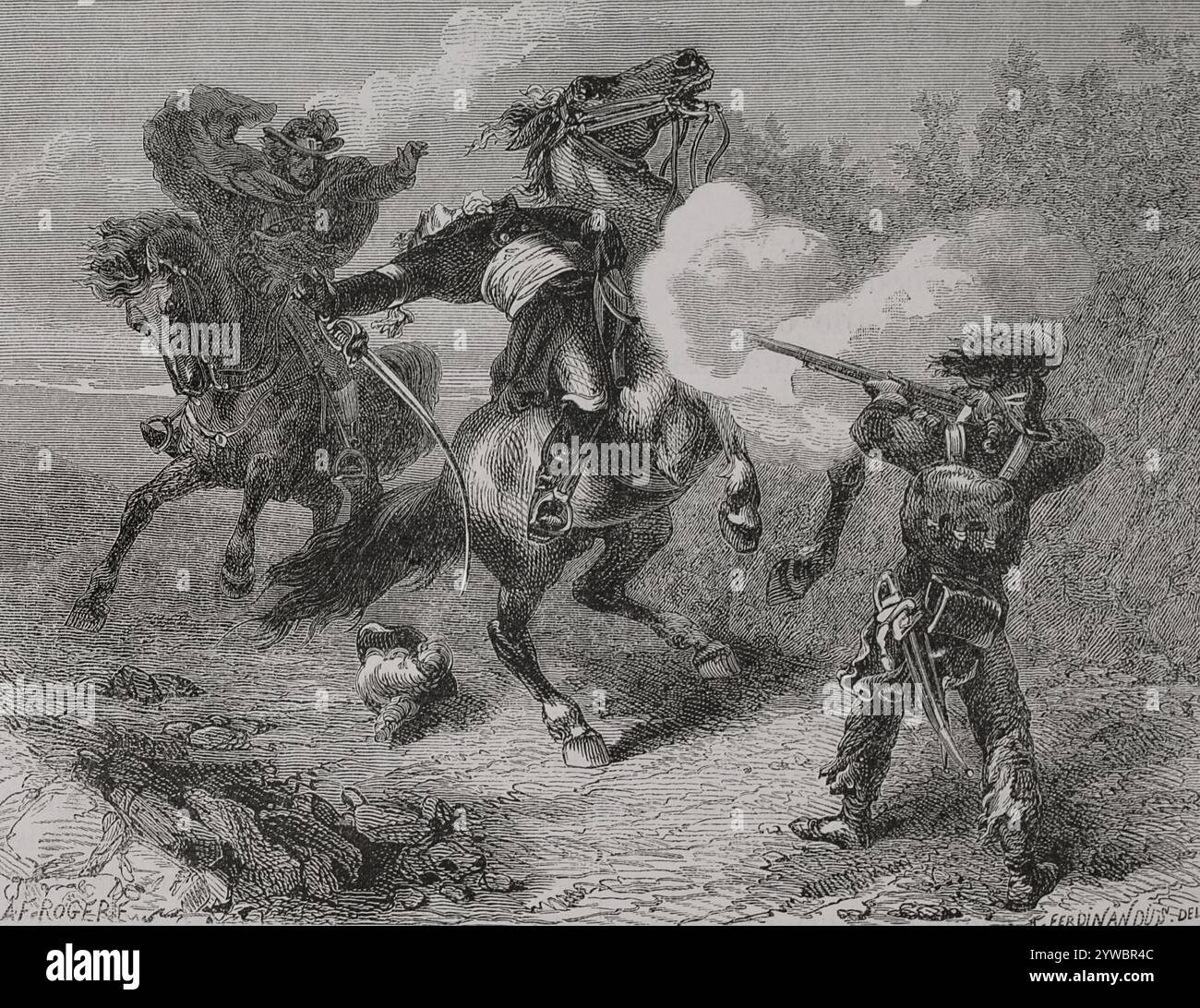 Henri de la Rochejaquelein (1772-1794). General der katholischen und königlichen Armee von Vendée. Tod von La Rochejaquelein bei Nuaillé, 28. Januar 1794. Bei einer Aufklärungsmission traf er auf zwei republikanische Soldaten, die vorgaben, sich ihm zu ergeben, ihn aber dann in die Stirn schoss. Zeichnung von A. Ferdinandus. Gravur. "Geschichte der Französischen Revolution". Band I, Teil 2, 1879. Stockfoto