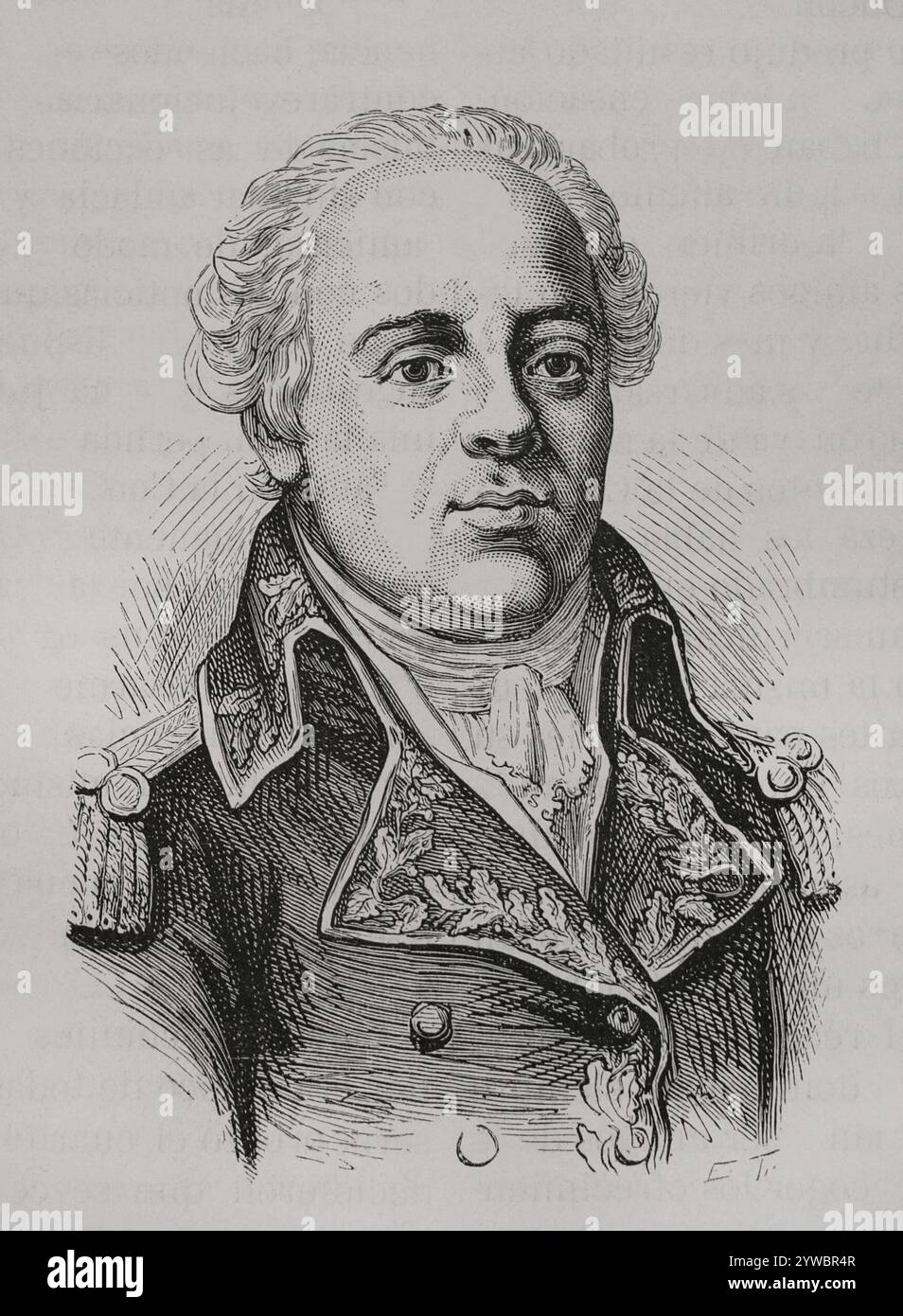Jacques-Francois Menou (1750–1810), genannt Abdallah de Menou, als er zum Islam konvertierte, nachdem er eine ägyptische Frau geheiratet hatte. Französischer General der Revolutionären und Napoleonischen Kriege. Er bekleidete 1789 den Rang eines Feldmarschalls, als er 1789 vom zweiten Staat der Bailiwick von Touraine in den Generalstand gewählt wurde. 1798 kommandierte er eine der fünf Divisionen der Armée d’Orient im ägyptischen Feldzug. Er folgte Jean-Baptiste Kléber als Generalmajor der ägyptischen Streitkräfte nach seiner Ermordung am 14. Juni 1800. Hochformat. Gravur. "Geschichte der Französischen Revolution". Lautstärke Stockfoto
