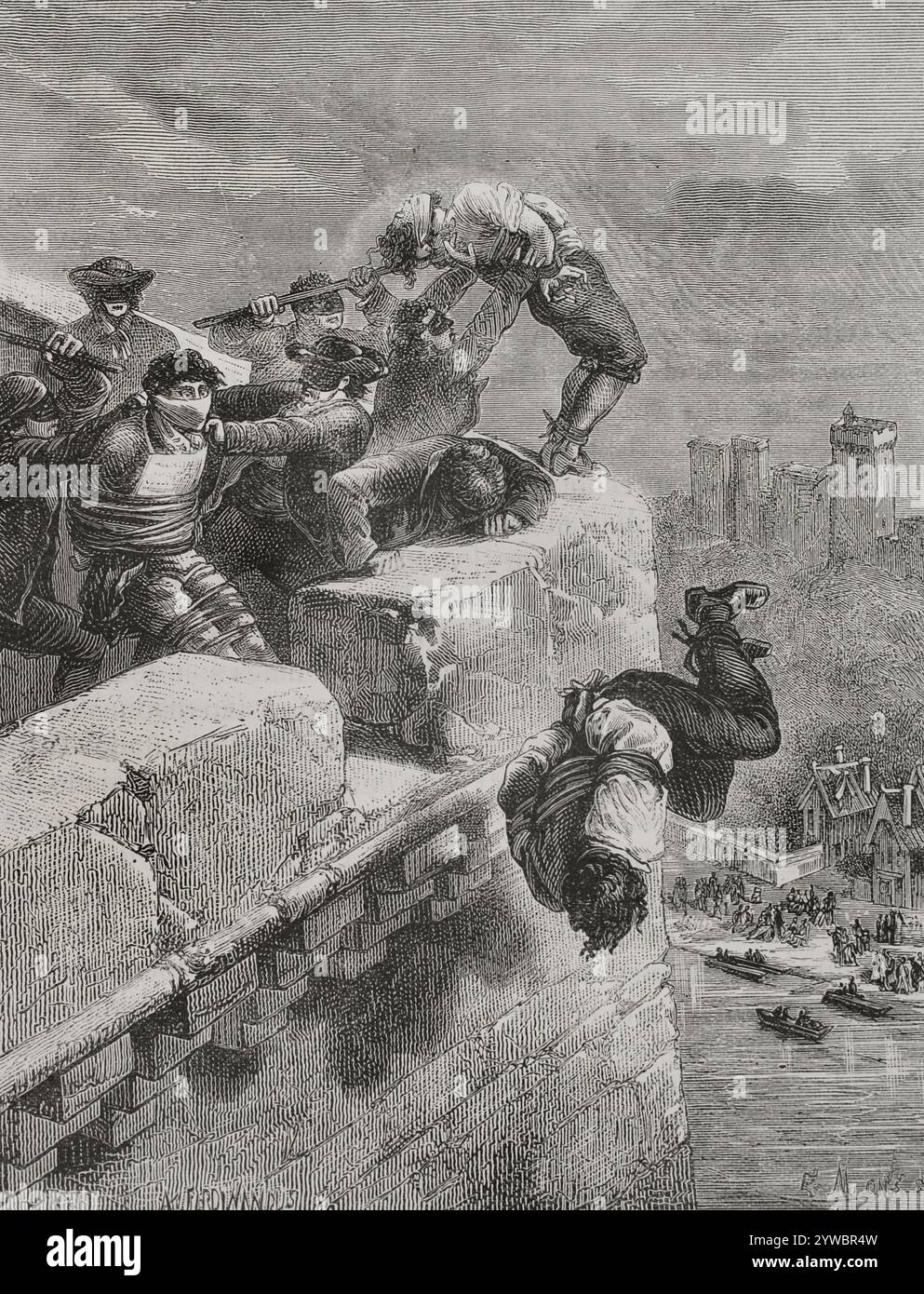 Französische Revolution. Thermidorische Reaktion (1794-1795). Erster Weißer Terror. Repressionen durch Royalisten und Anti-Jakobiner. Jakobiner getötet in Tarascon, Südfrankreich. Am 25. Mai 1795 stürmte eine Menschenmenge gegen die Revolution das Gefängnis und ermordete die inhaftierten Jakobiner. Abschlachtung von Gefangenen in Tarascon Castle. Zeichnung von A. Ferdinandus. Gravur. "Geschichte der Französischen Revolution". Band I, Teil 2, 1879. Stockfoto