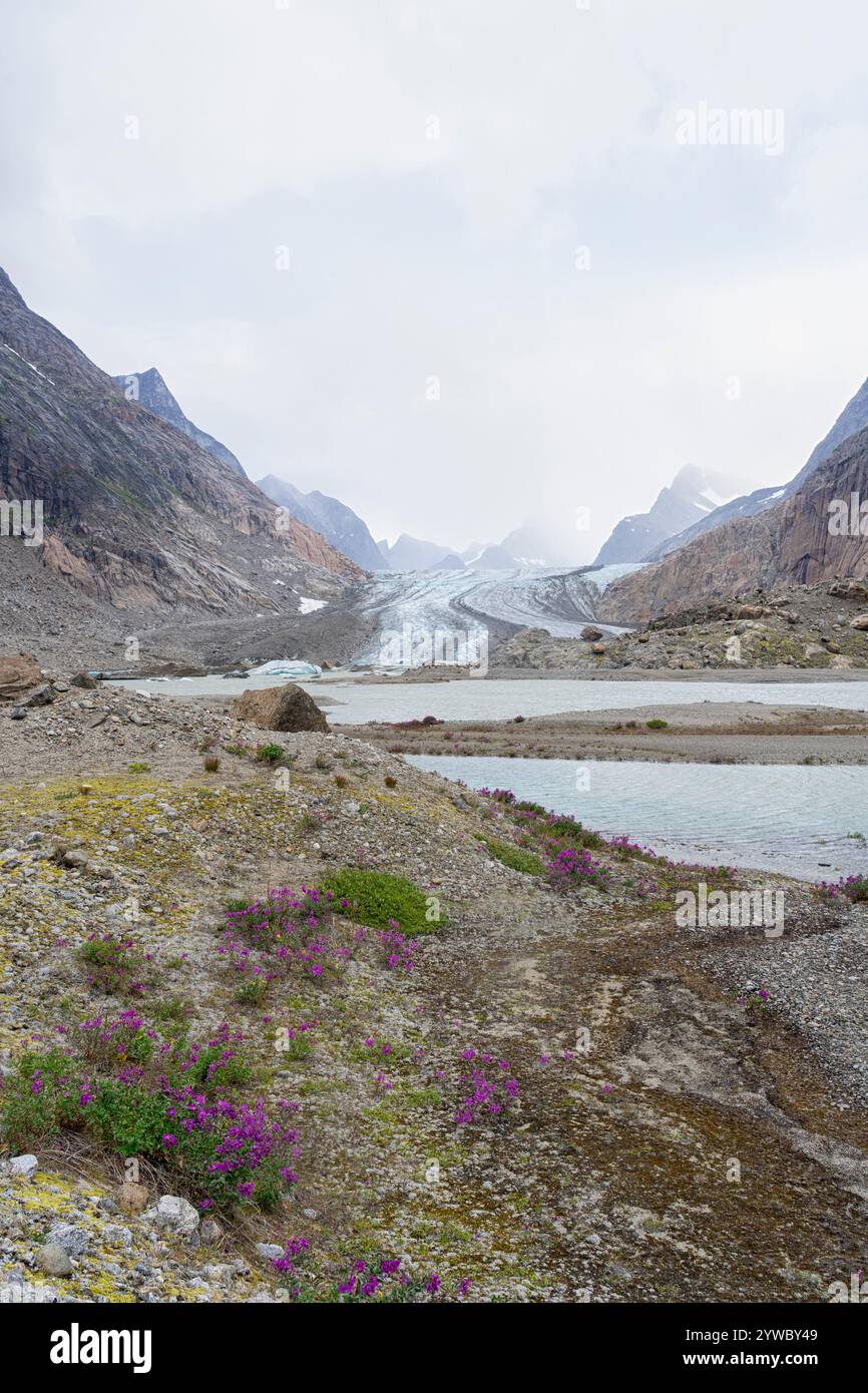 Wunderschöne Wanderung entlang eines Schmelzwasserflusses mit Gletscher und Bergen im Hintergrund. Prince Christian Sound, Südgrönland, Dänemark Stockfoto