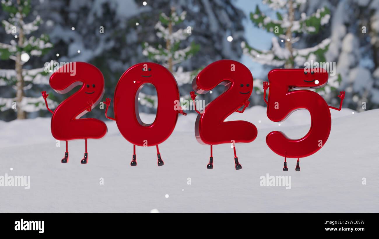 Frohes neues Jahr 2025. Silvester Zahl Spaß Illustration 8k. Auf Wiedersehen 2024 , Willkommen 2025. Stockfoto