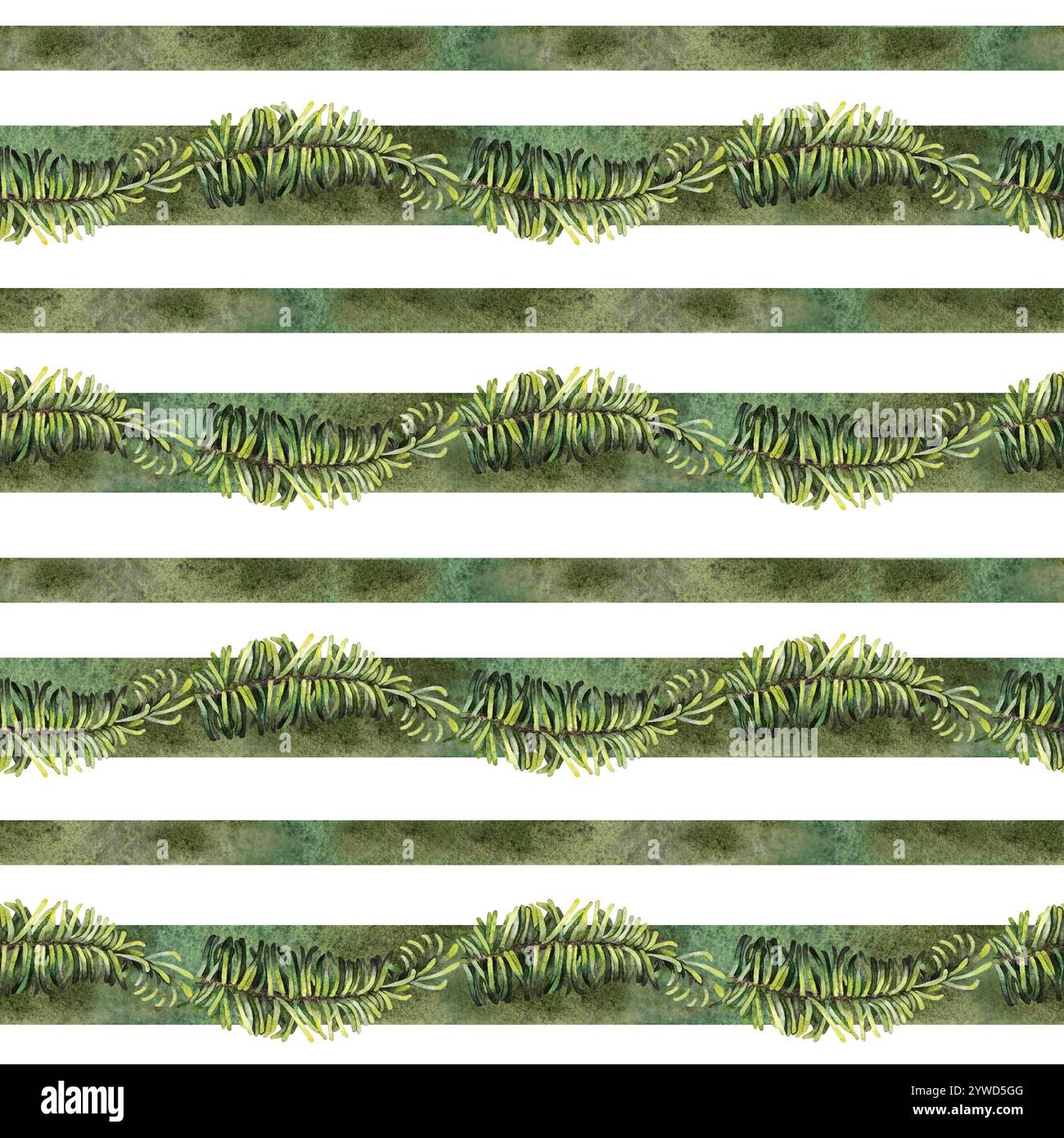 Weihnachtliche grüne Tannenzweige in einem nahtlosen Muster auf weißem Hintergrund. Aquarellabbildung mit Zweigen eines immergrünen Baumes für Geschenkpapier, Stockfoto