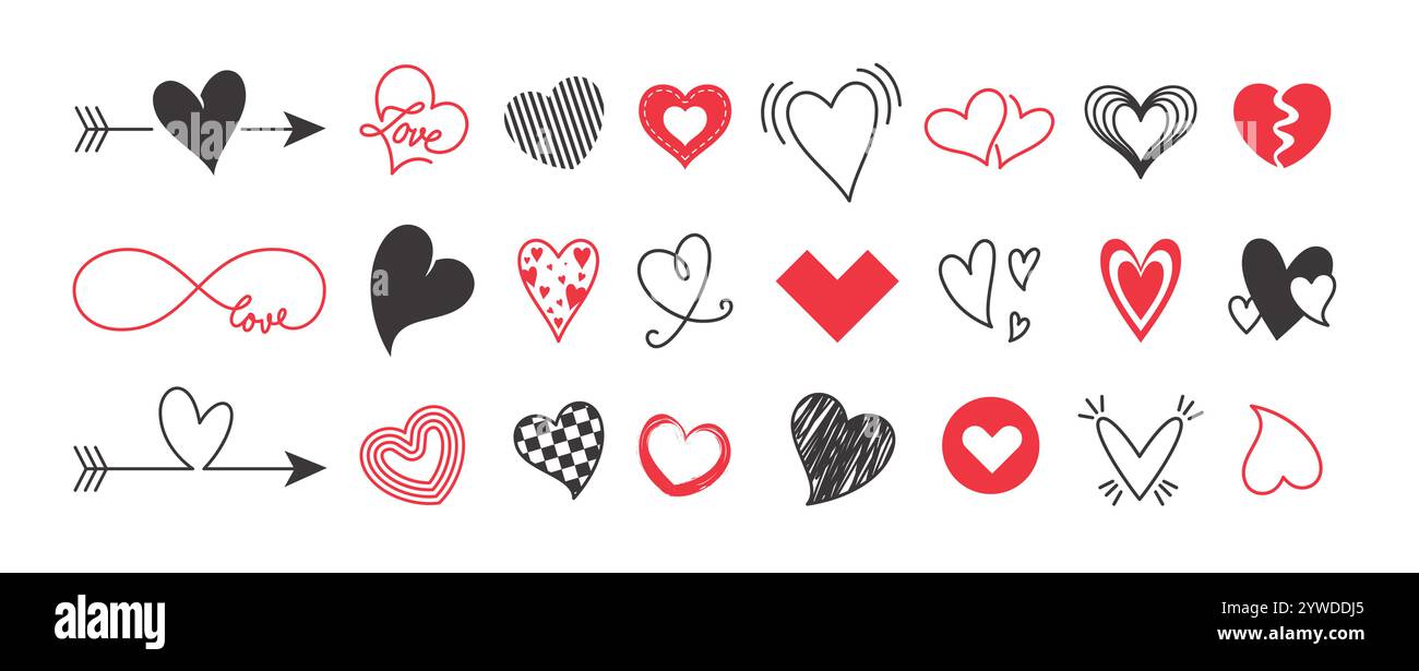 Love Heart Shape Clipart Set für valentinstag. Rote und schwarze Herz-Clip-Form mit Kalligraphie, handgezeichnet und valentinssymbol kritzelnd Stock Vektor