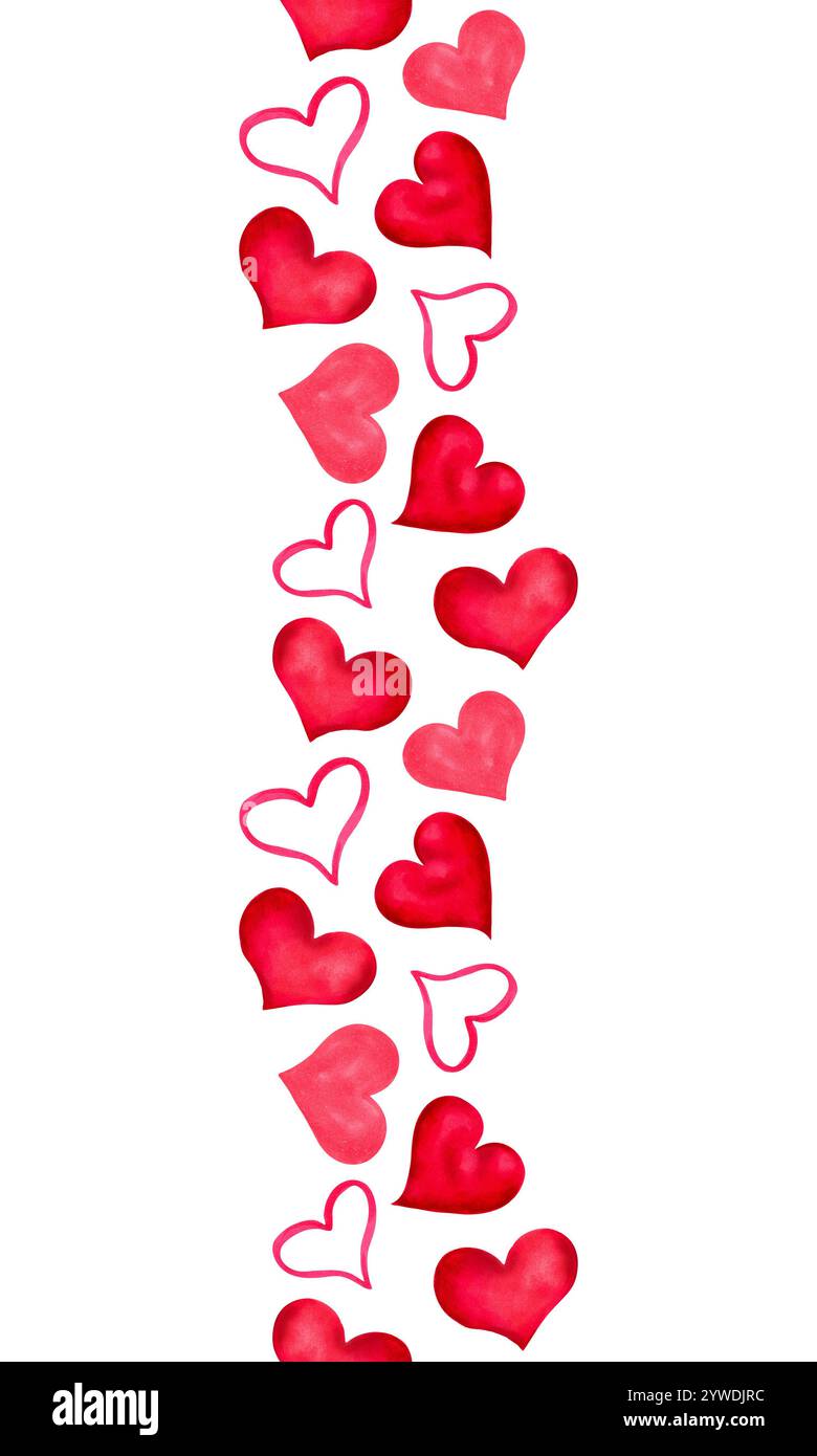 Nahtloser vertikaler Rand mit Herzen zum Valentinstag. Aquarell- und Markierungsabbildungen. Handgezeichnete isolierte Kunst. Hintergrund für die Frühlingsferien Stockfoto