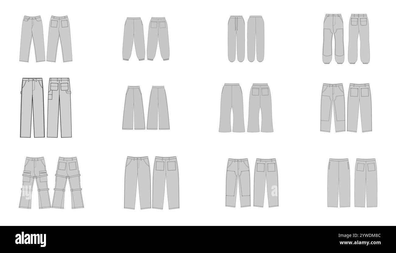 Activewear Fashion Technical Illustration - Hose Jogginghose vorne und hinten, Männer Frauen Unisex Hose CAD Mockups - Set von Hosen Jogginghose Stock Vektor