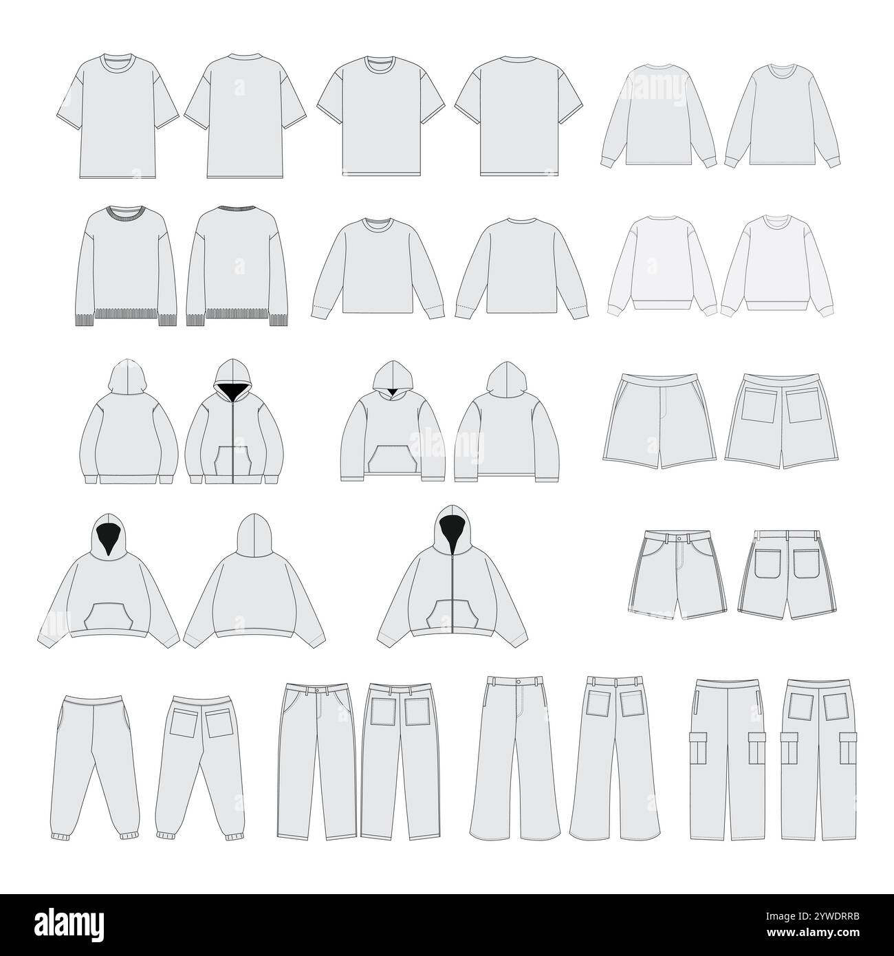 Set von Kleidung Mockup Vorlage - Kleidung Vektor Mockups Bundle Streetwear Tech Pack Vorlage Streetwear Mockups Kleidung Marke Mode TechPack Stock Vektor