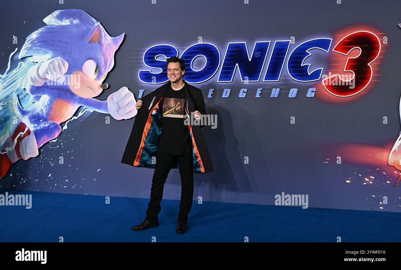 Jim Carrey nimmt an der britischen Premiere „Sonic the Hedgehog 3“ auf dem Cineworld Leicester Square in London Teil. UK. Dienstag, 10. Dezember 2024 Stockfoto