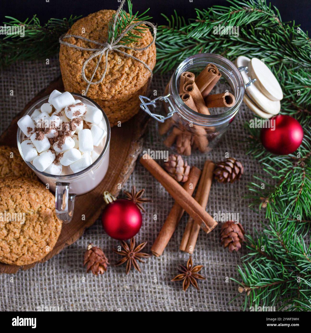 Weihnachtlicher Hintergrund aus Weihnachtskeksen und Zimt mit Sternanis Stockfoto