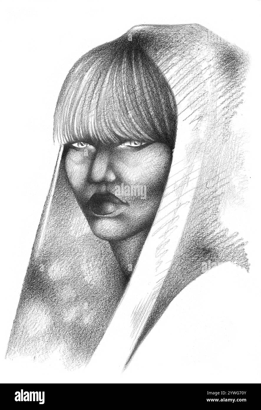 Graphit-Illustration einer Frau mit ernsthaftem Blick Stockfoto