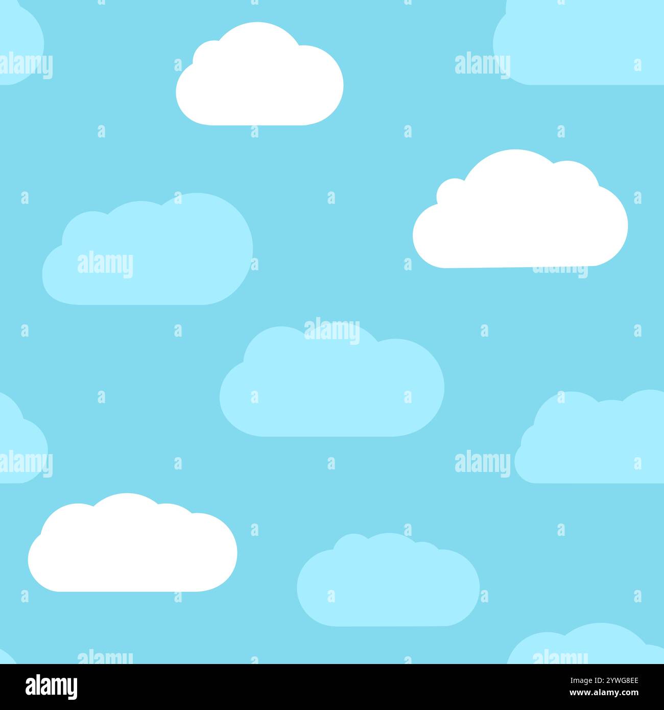 Nahtloser Hintergrund mit blauem Himmel und weißen Karikaturwolken. Vektorabbildung. Stock Vektor