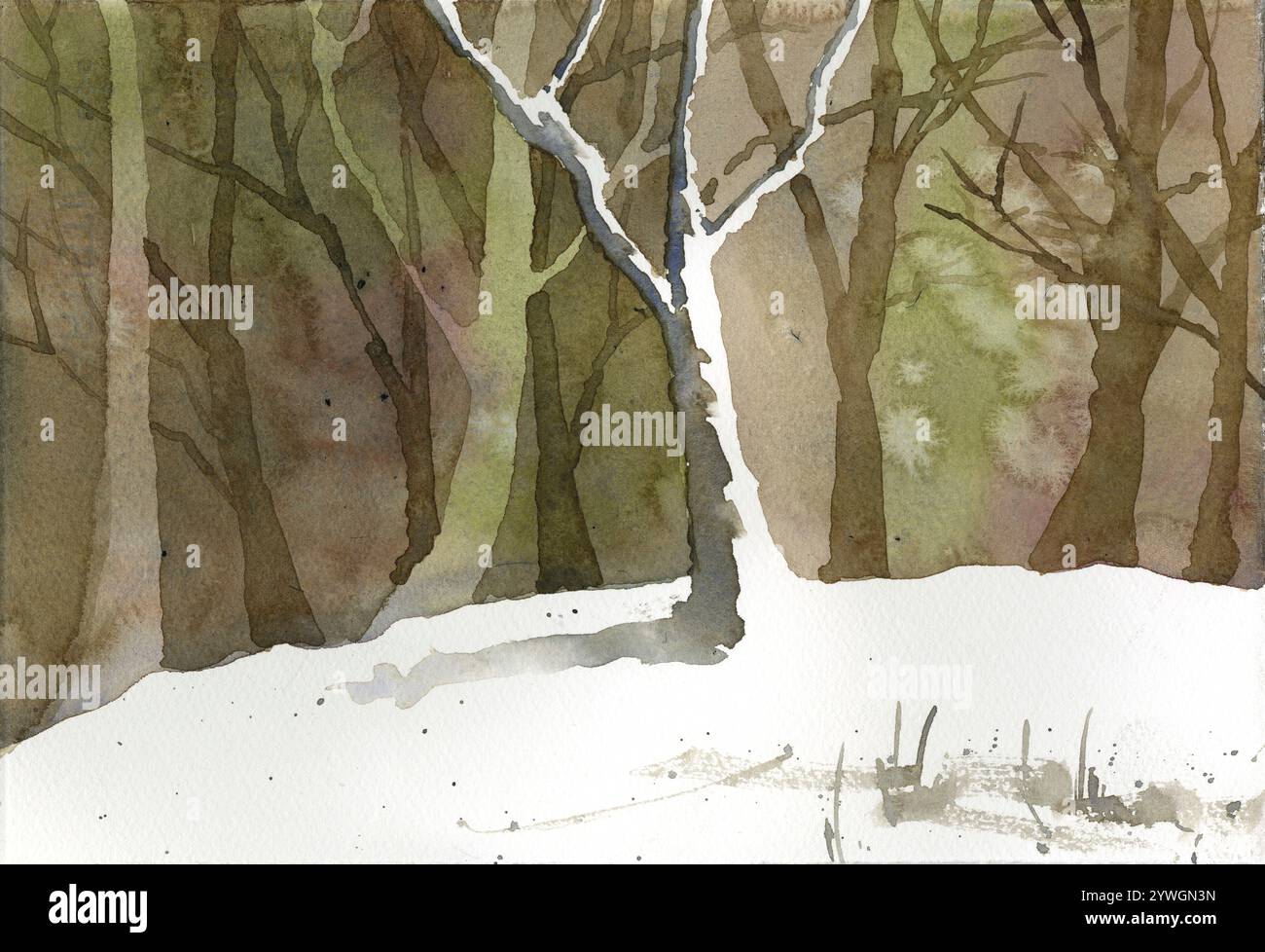 Landschaftsmalerei Bäume im Wald Wandkunst im Freien horizontale Aquarelllandschaft Trend jetzt handgefertigtes Objekt Stockfoto