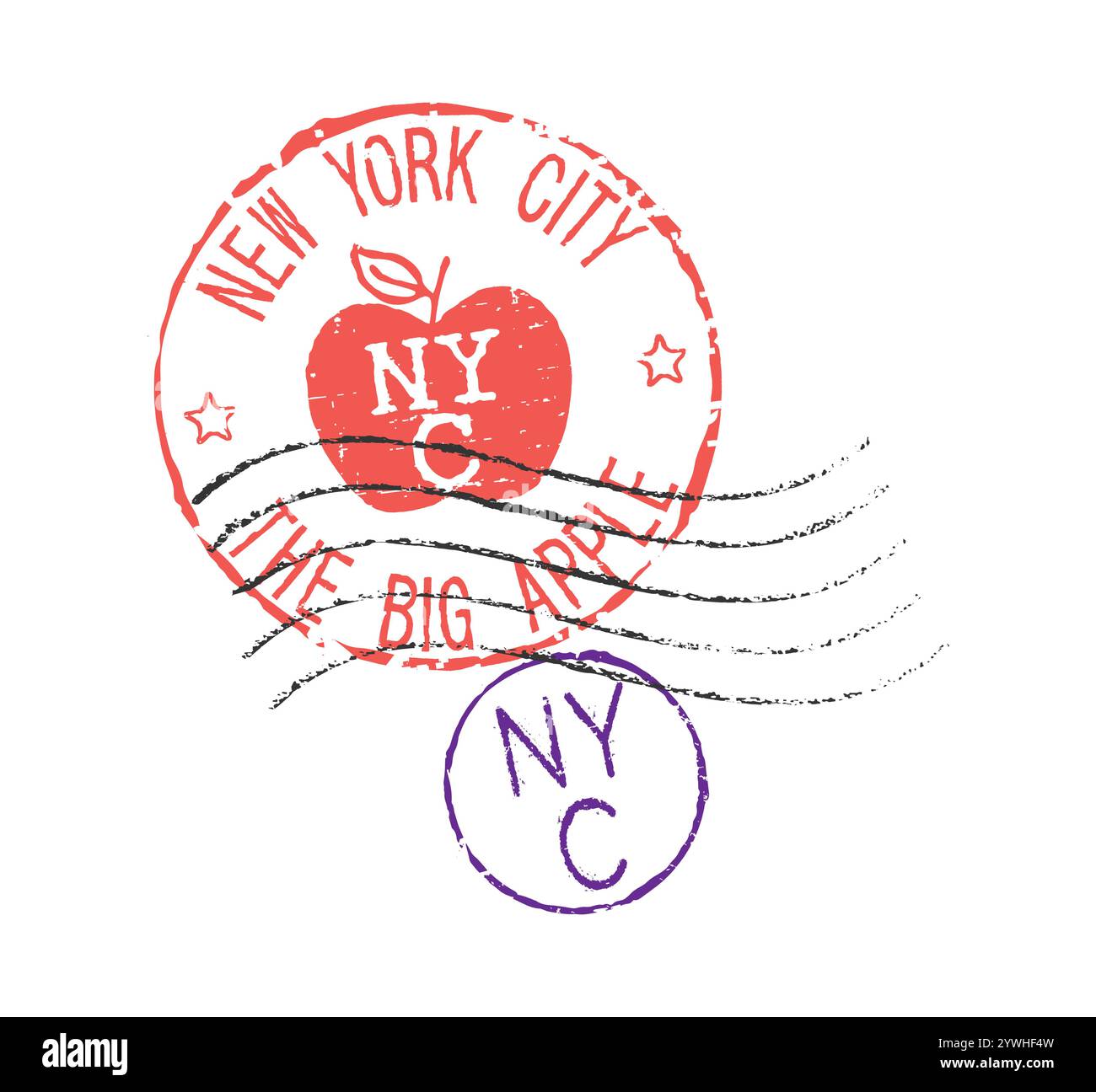 Postgummistempel NEW YORK CITY DIE Abkürzung BIG APPLE und NYC. Retro-Siegel für Briefumschläge, Grußkarten, Pässe, Pakete. Stock Vektor
