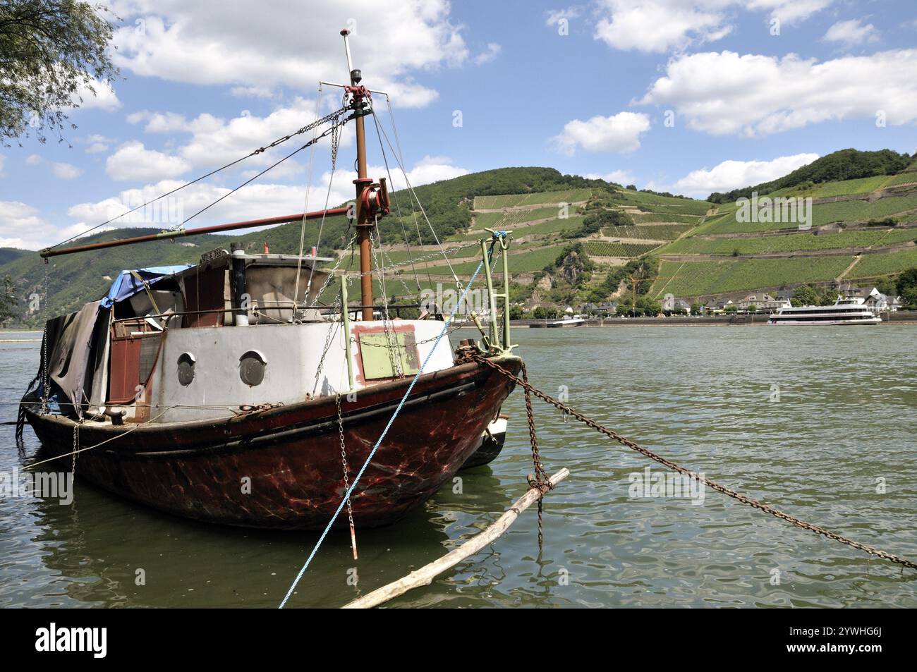 Schiffswrack gegenüber Assmannshausen, UNESCO-Weltkulturerbe Kulturlandschaft Oberes Mittelrheintal, Weltkulturerbe, Rheinland-Pfalz, Keim Stockfoto